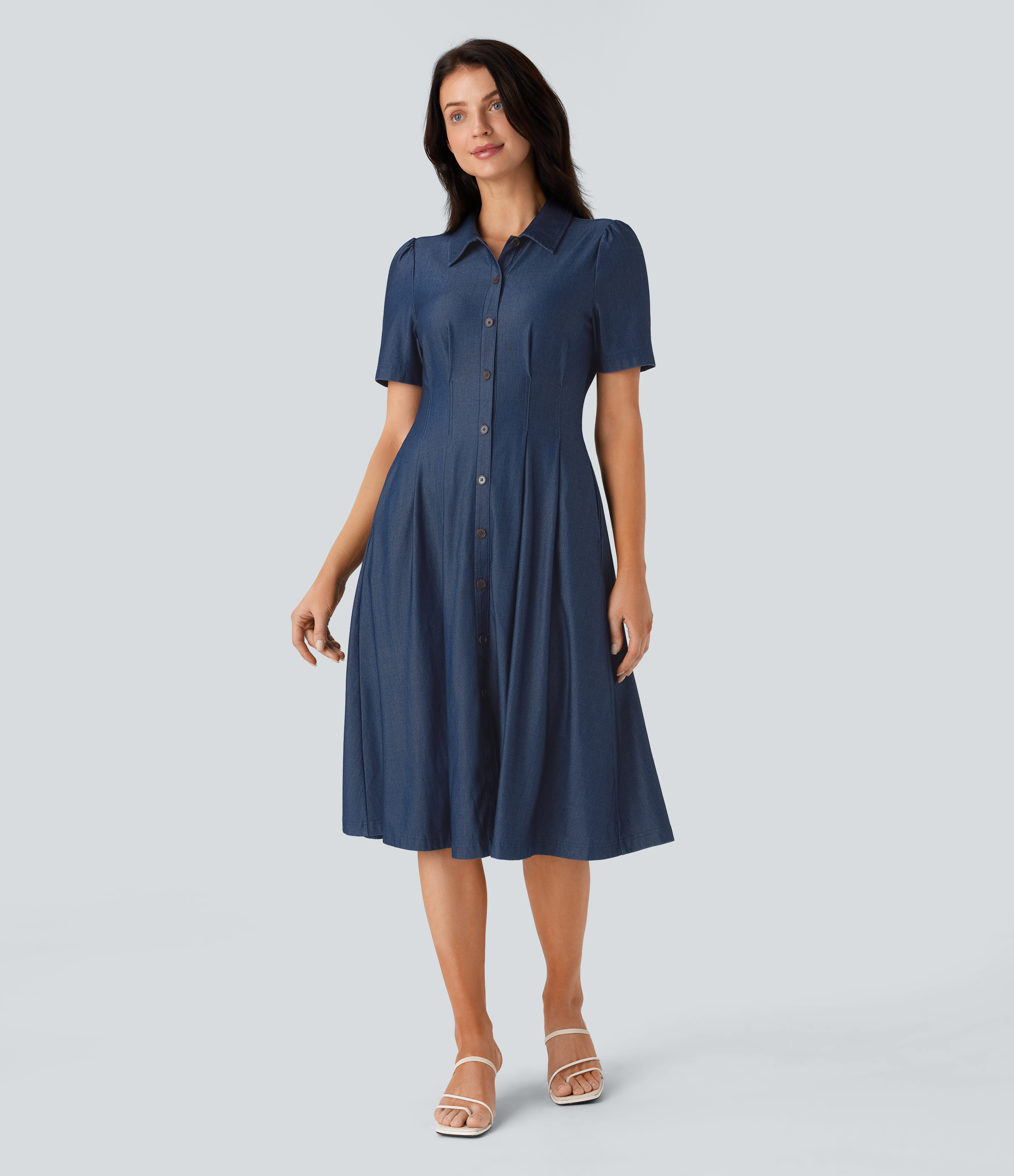 Halara Flex™ Robe midi décontractée évasée en denim extensible avec col, manches courtes, boutons et poches latérales