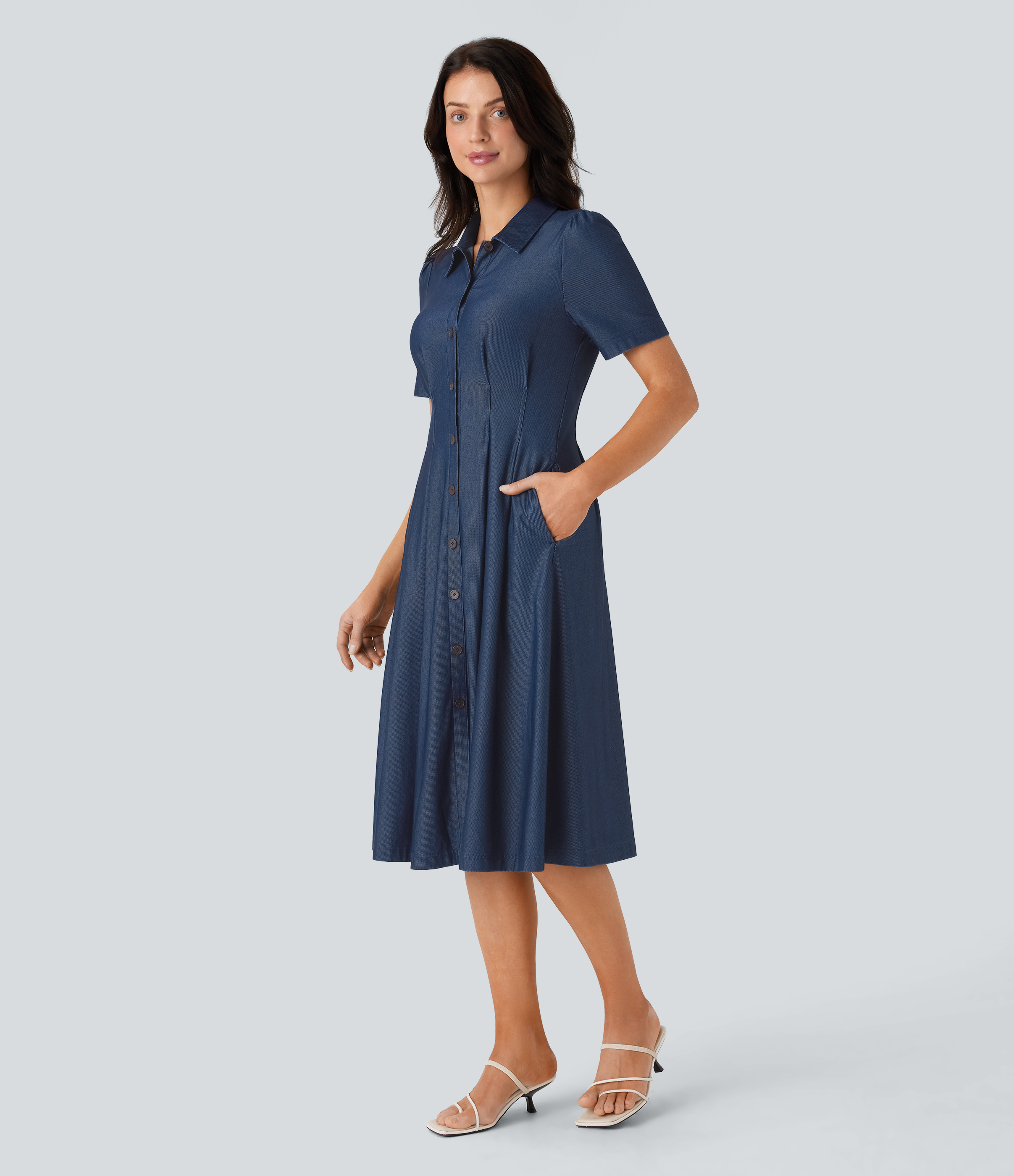 Halara Flex™ Short Sleeve Pocket Denim Flare Midi Casual Dress