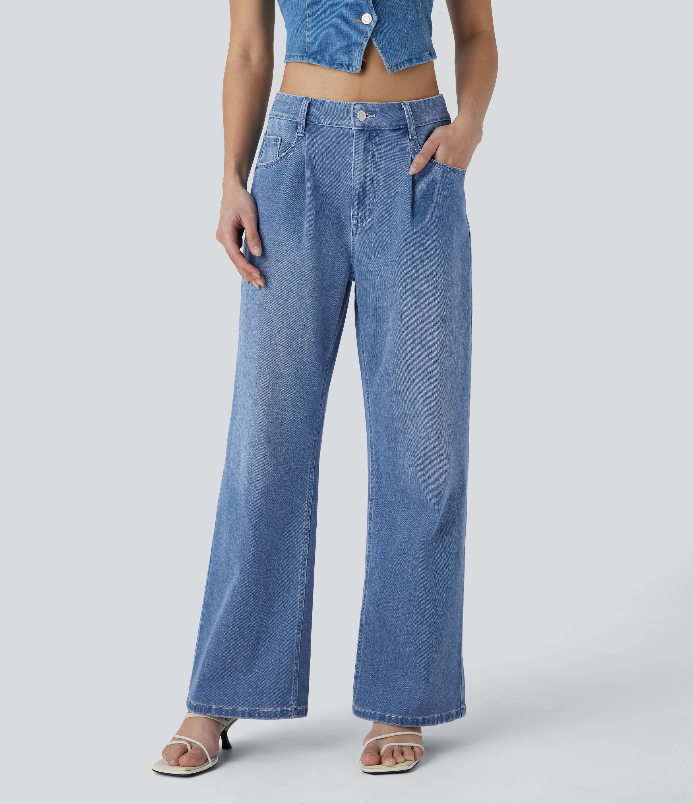 Jeans Halara Flex™ Denim elástico lavado holgado múltiple bolsillo tiro bajo