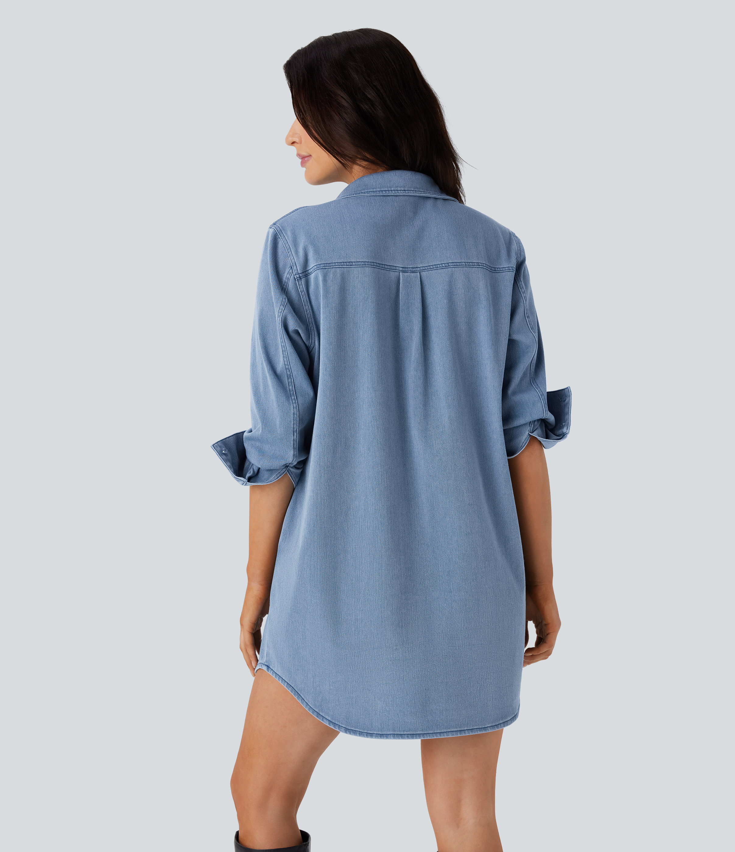 Moonstone Denim Vestido camisero denim Halara Flex™ casual de mezclilla elástica con dobladillo curvo y bolsillos / 2