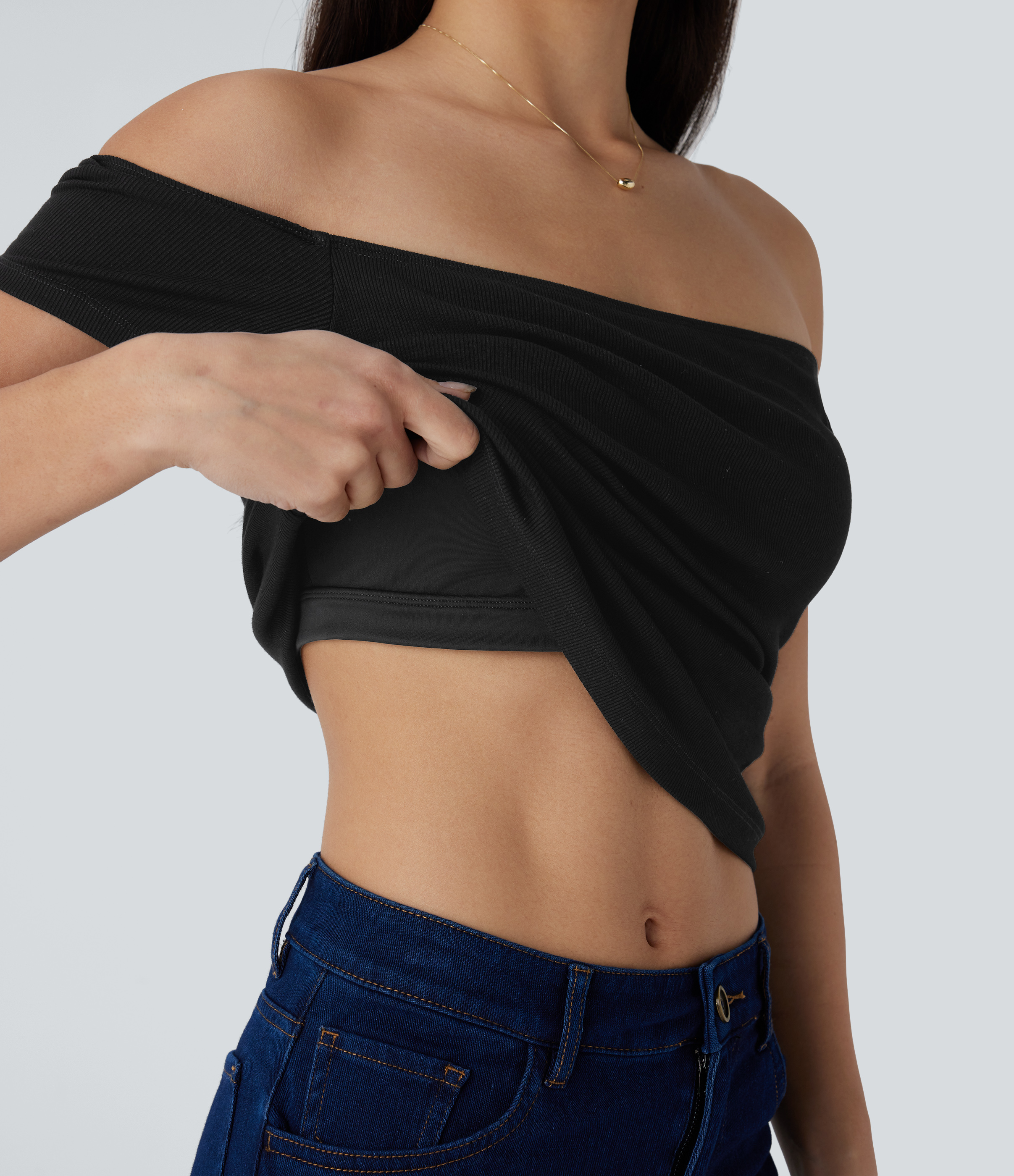 Ribbed Knit Off Shoulder Short Sleeve 2-in-1 Casual Top