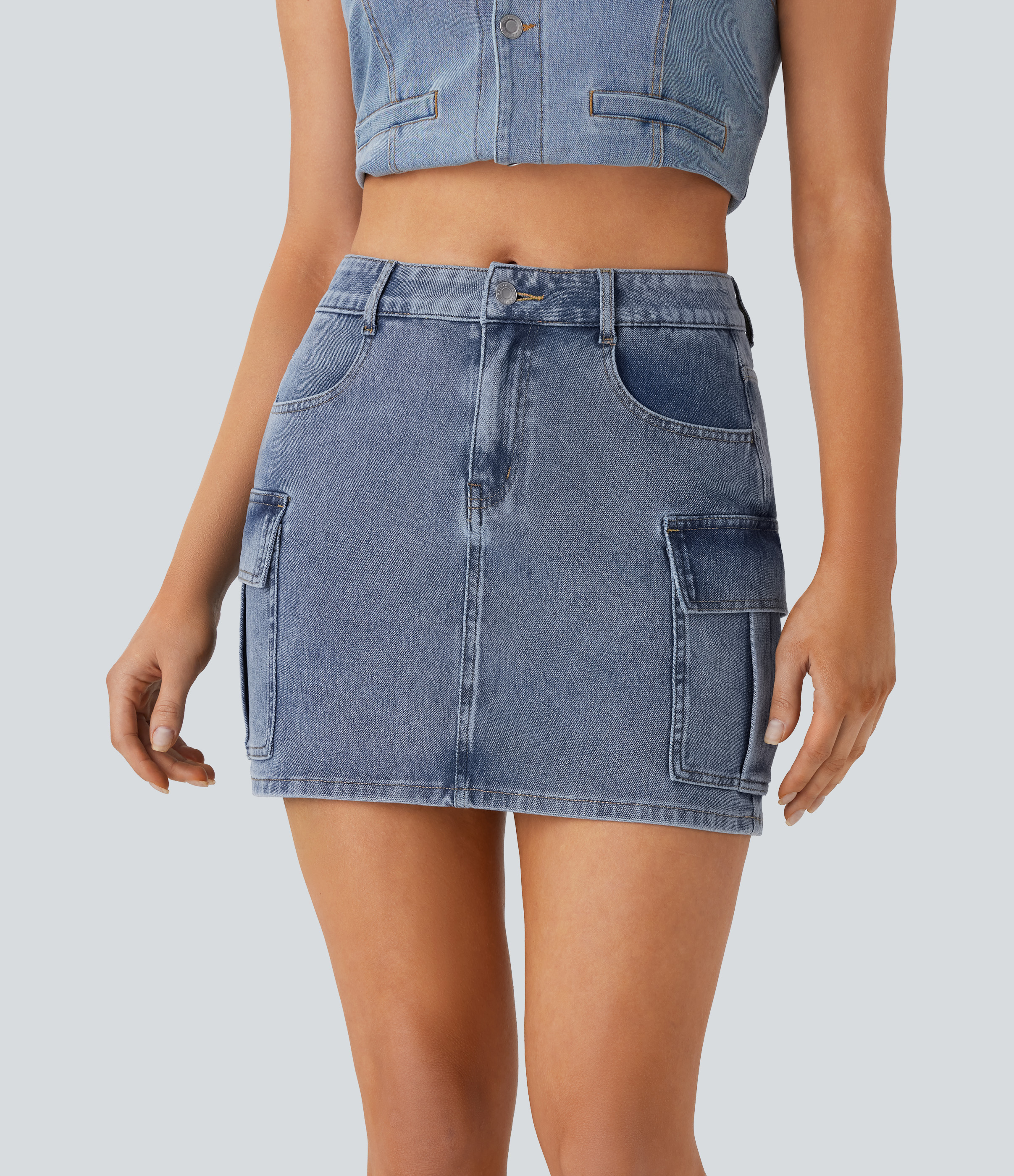 Mini Falda cargo Halara Flex™ Denim mezclilla elástico cremallera botón tiro medio múltiple bolsillo