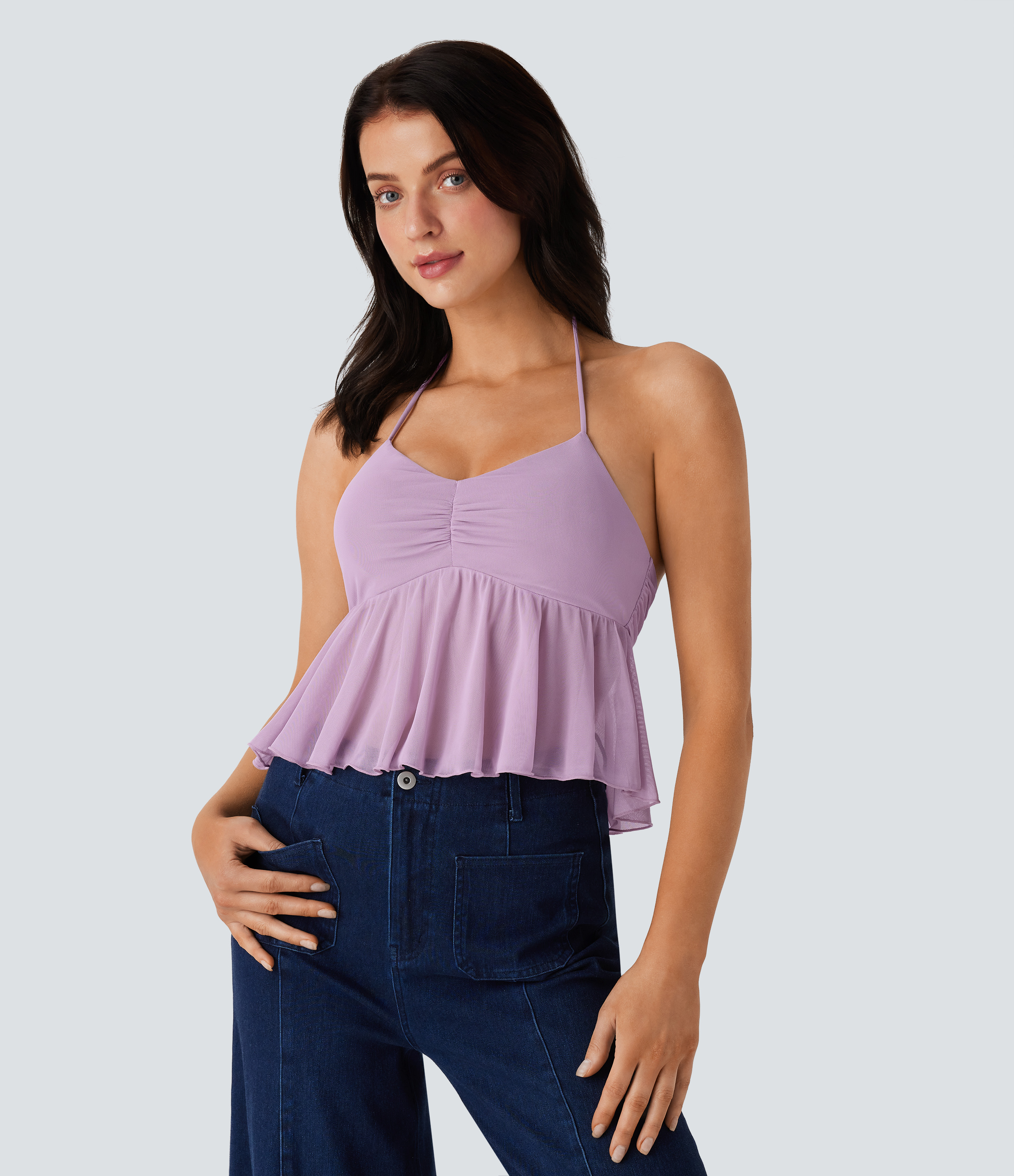 Zephyr Top sin mangas cuello halter sin espalda fruncido malla dobladillo volante / 1