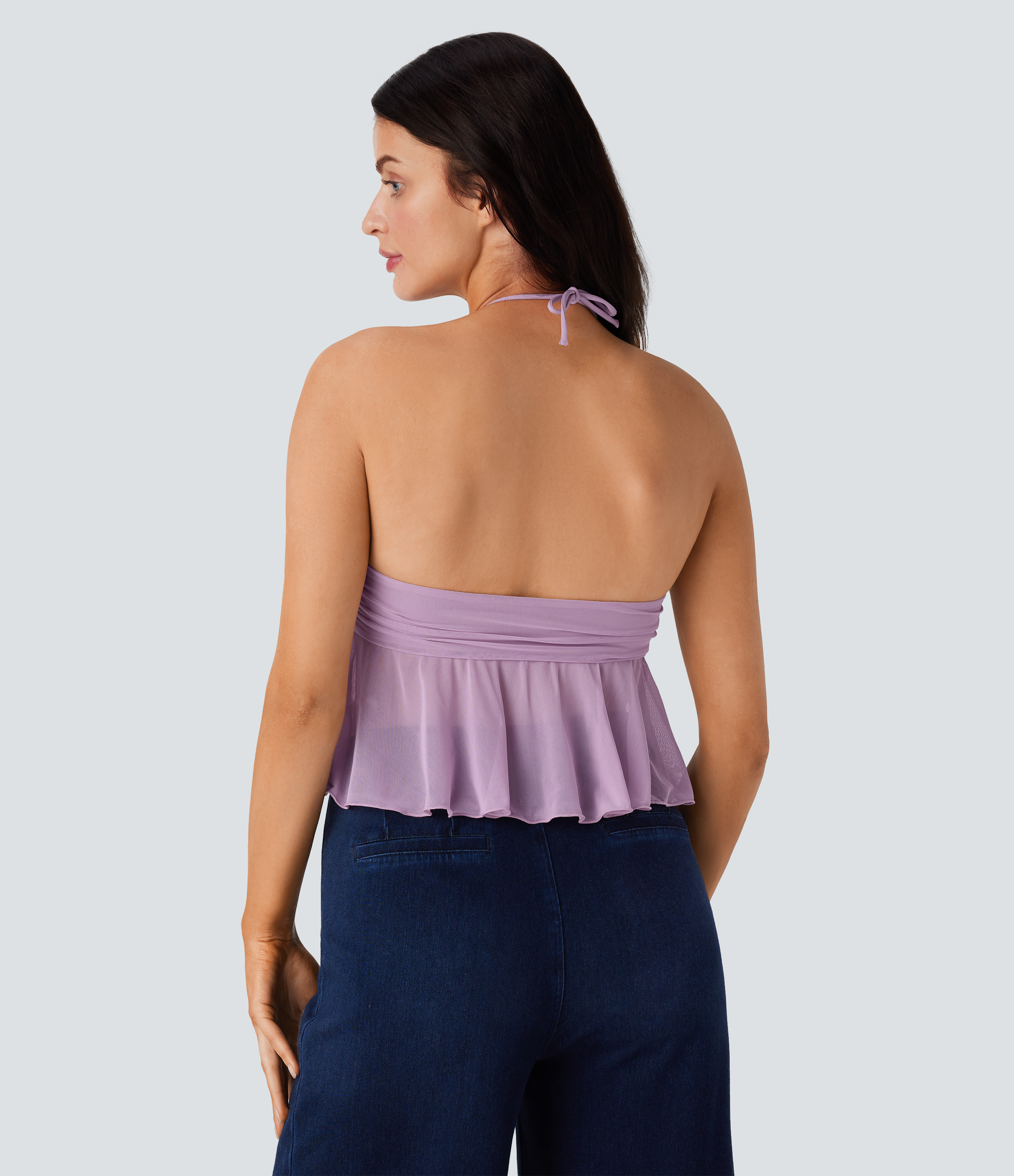 Zephyr Top sin mangas cuello halter sin espalda fruncido malla dobladillo volante / 2