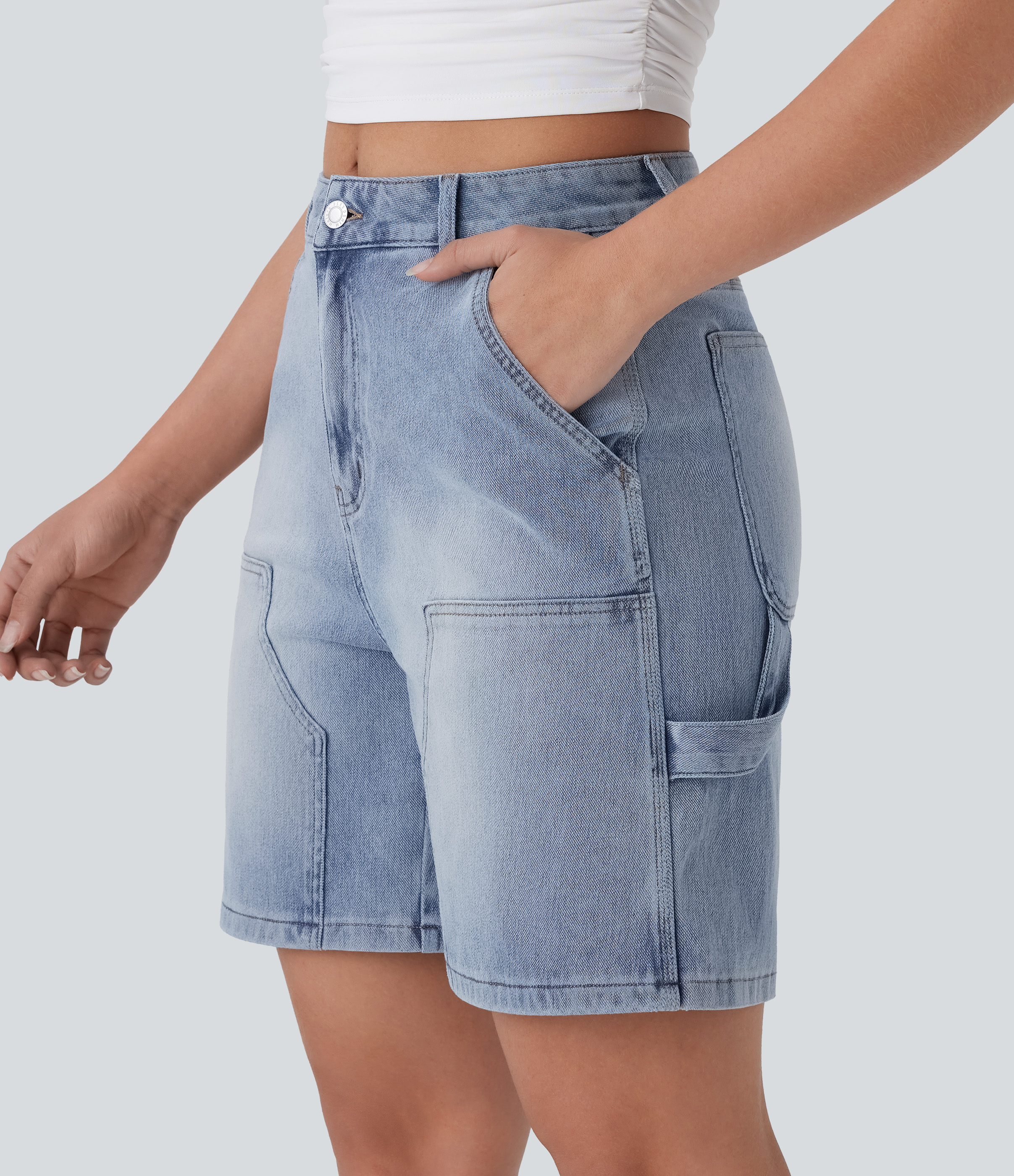 Halara Flex™ Denim Bermuda Shorts, multi-wash stretch denim, mid-rise, pocket