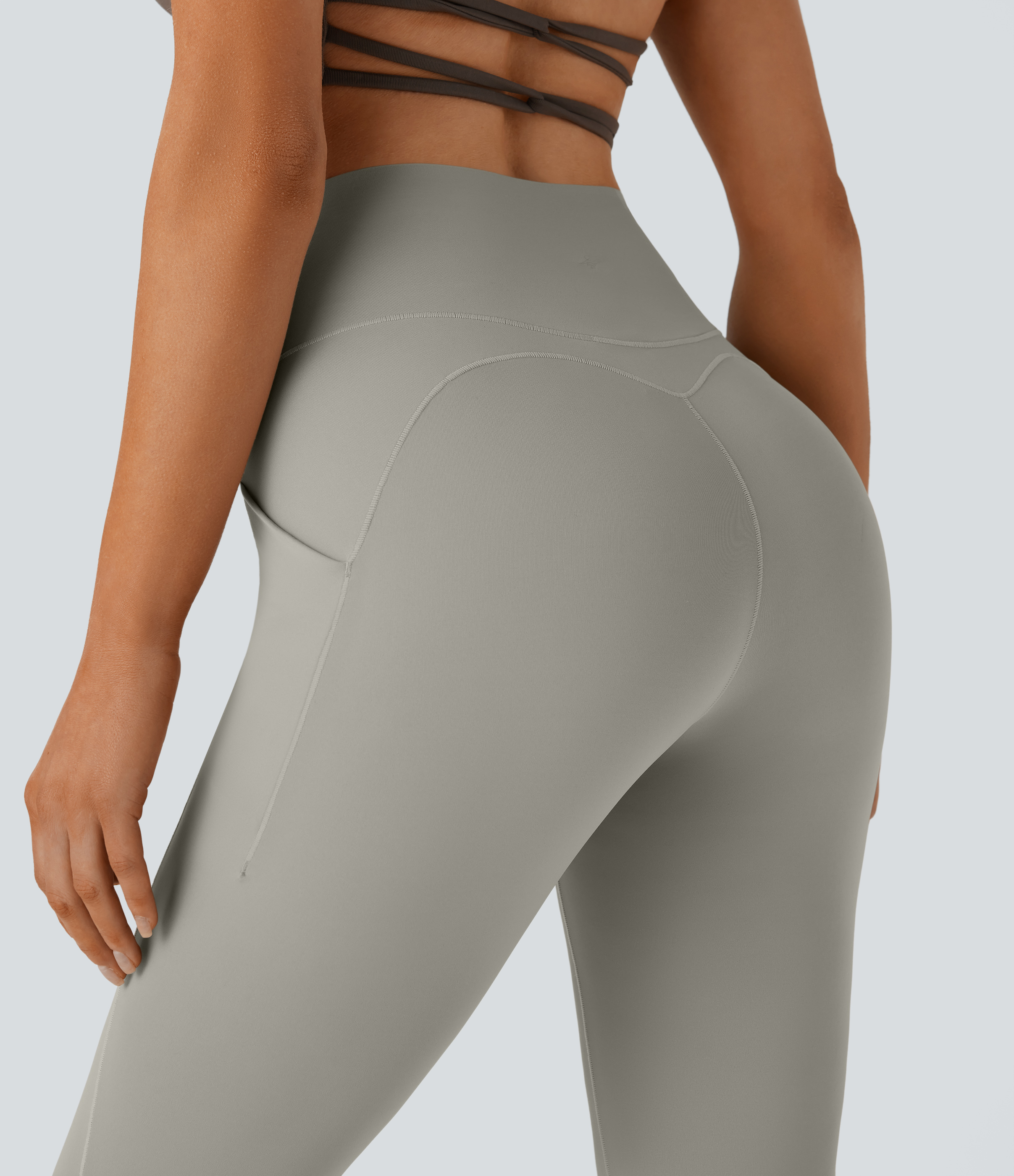 Halara Softlyzeroв„ў QuickDry SoCinched High Waisted Tummy Control Side Pocket Yoga Flare Leggings  - London Fog - L(regular) gym leggings 