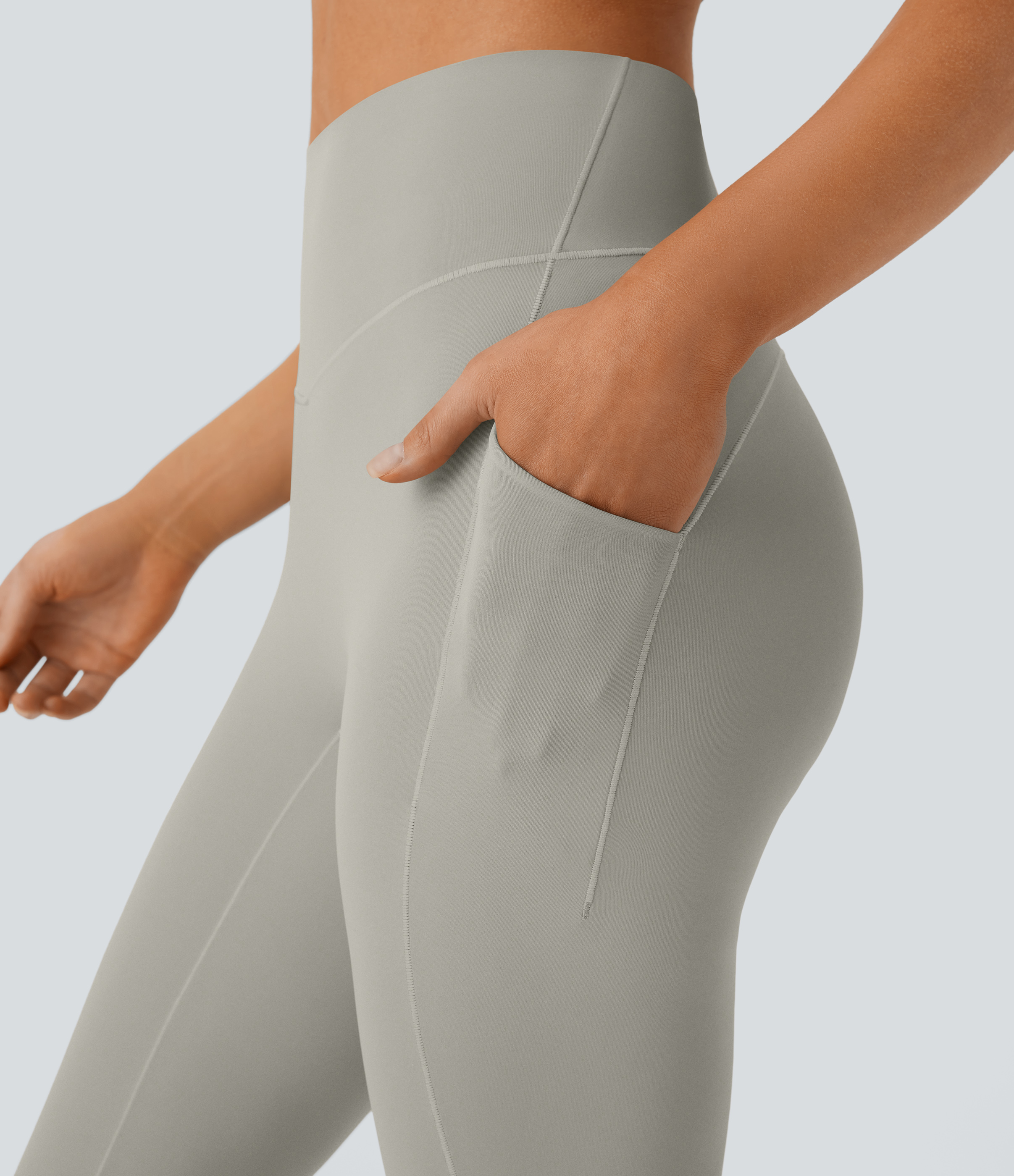 Halara Softlyzeroв„ў QuickDry SoCinched High Waisted Tummy Control Side Pocket Yoga Flare Leggings  - London Fog - L(regular) gym leggings 