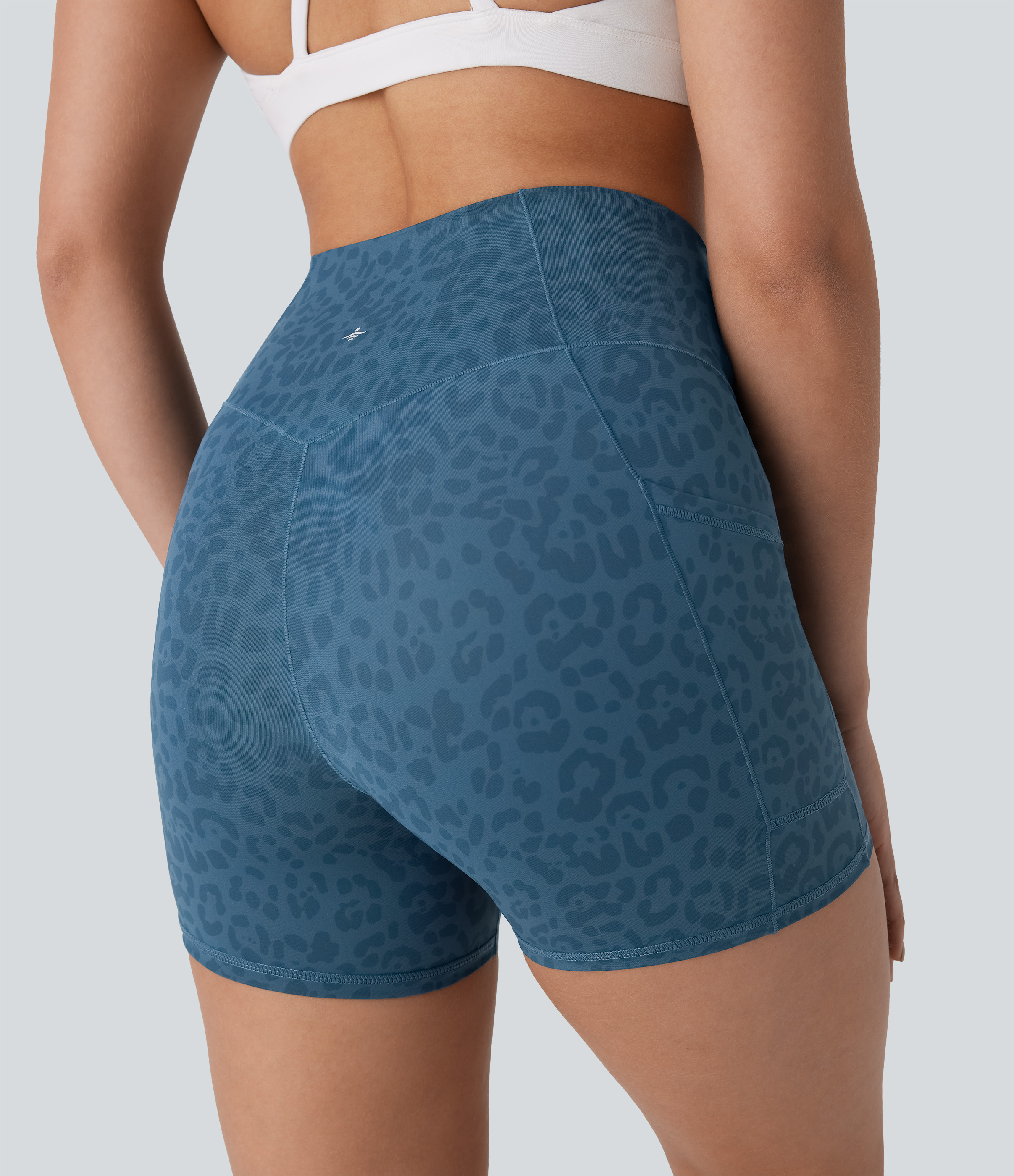 Halara Crossover High Waisted Side Pocket Leopard Print Yoga Biker Shorts 4``  - Lake Blue Leopard Print - S biker shorts women 