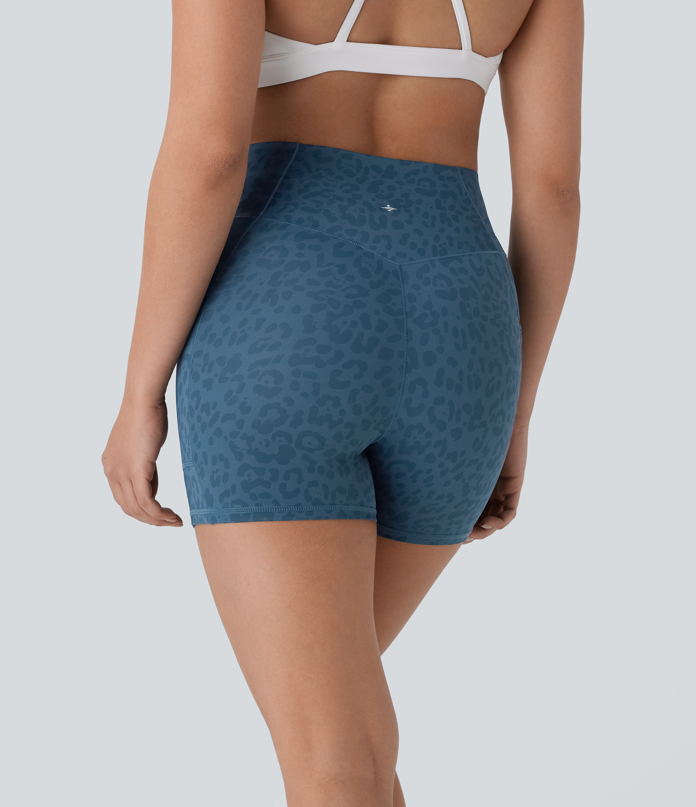 Halara Crossover High Waisted Side Pocket Leopard Print Yoga Biker Shorts 4``  - Lake Blue Leopard Print - S biker shorts women 