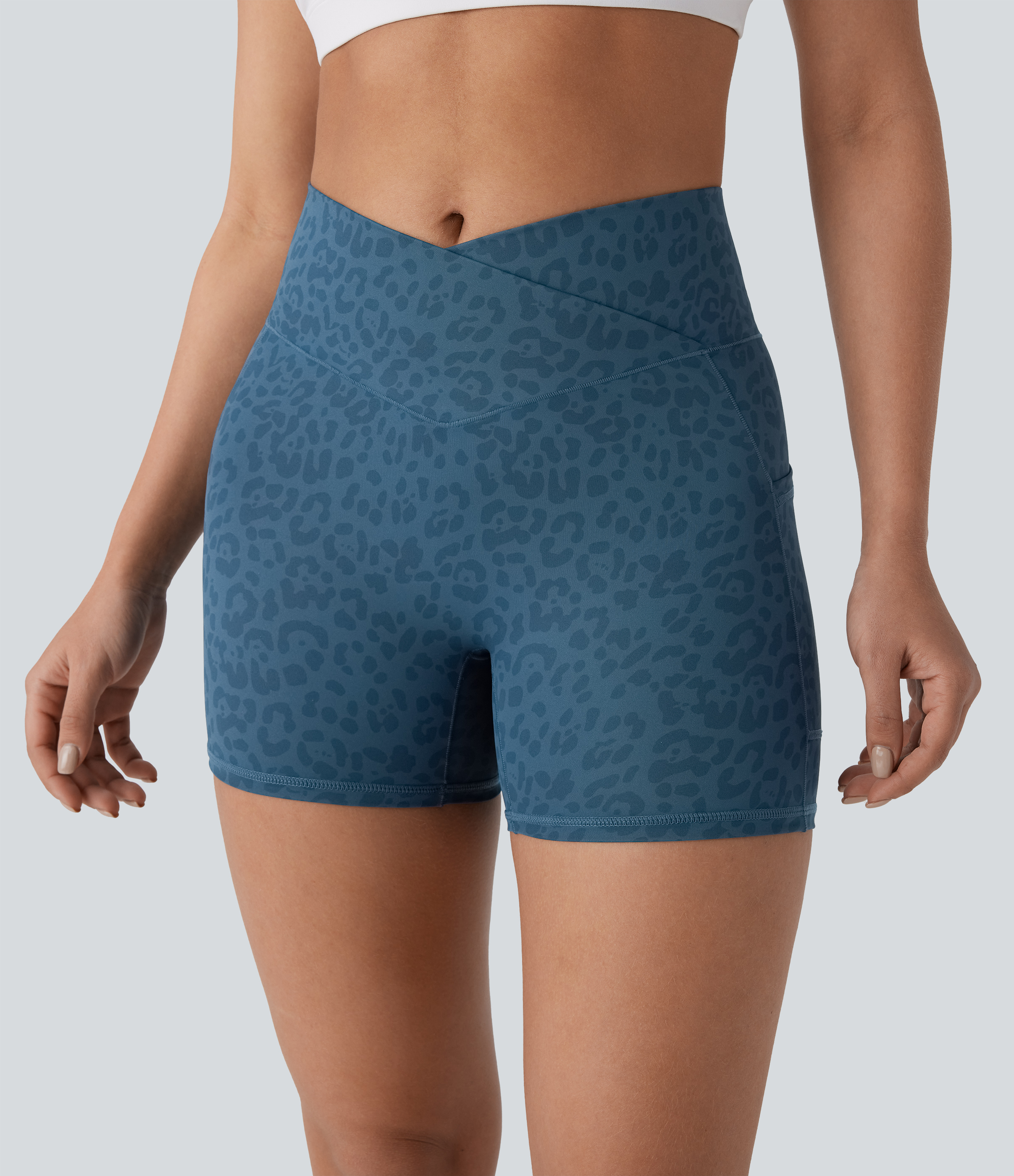 Halara Crossover High Waisted Side Pocket Leopard Print Yoga Biker Shorts 4``  - Lake Blue Leopard Print - S biker shorts women 
