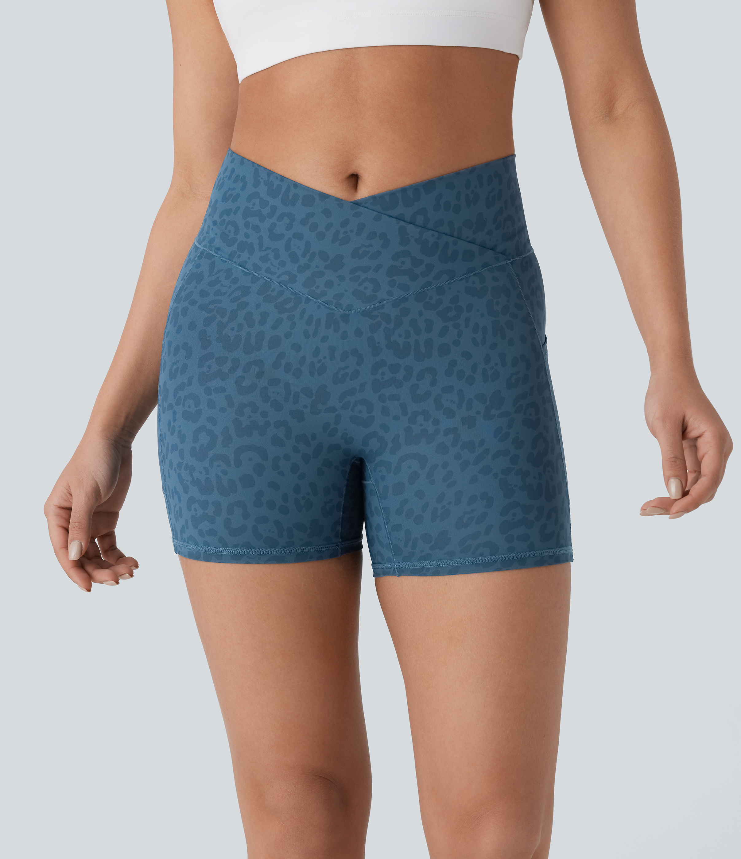 Halara Crossover High Waisted Side Pocket Leopard Print Yoga Biker Shorts 4``  - Lake Blue Leopard Print - S biker shorts women 