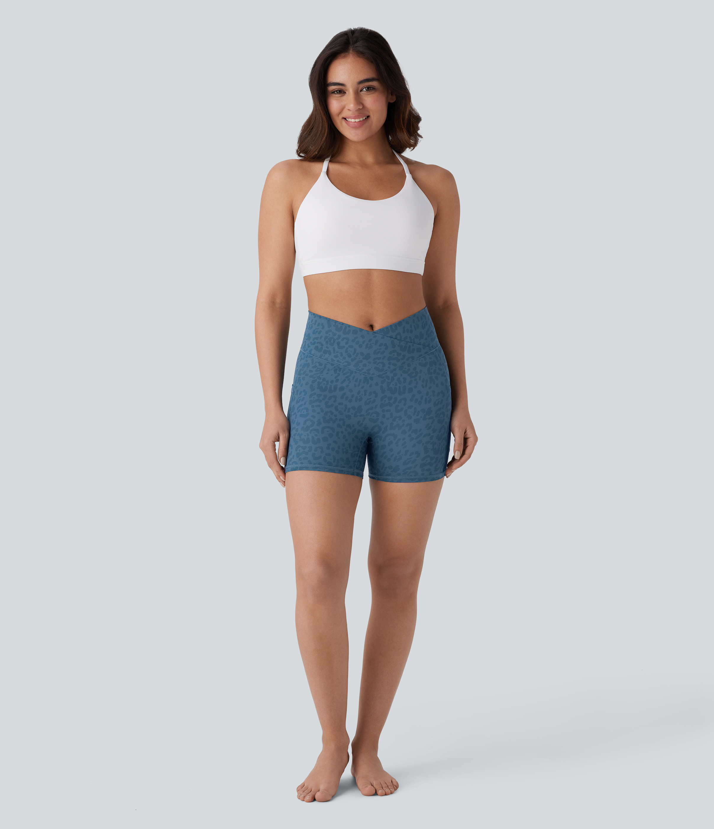 Halara Crossover High Waisted Side Pocket Leopard Print Yoga Biker Shorts 4``  - Lake Blue Leopard Print - S biker shorts women 