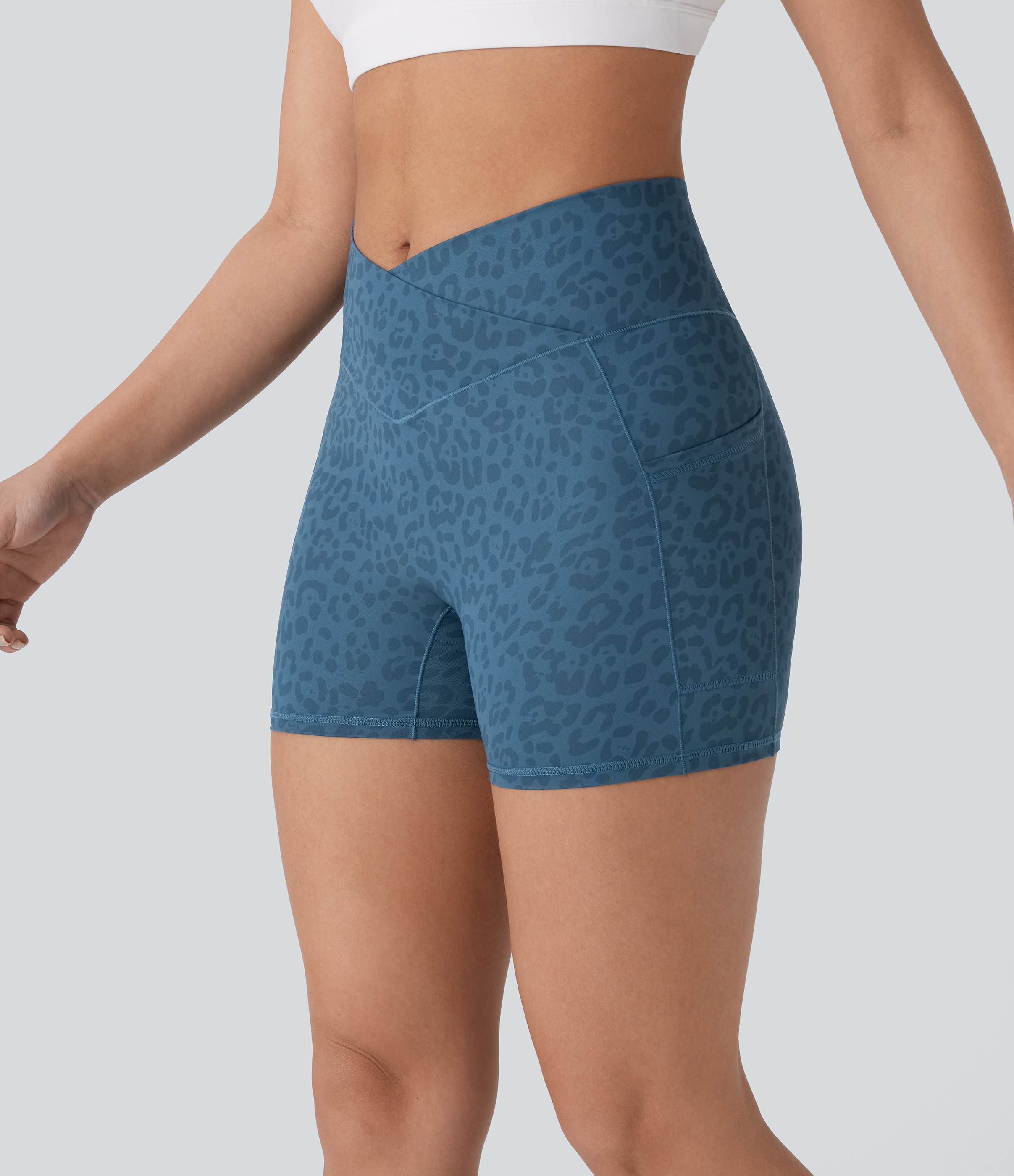 Halara Crossover High Waisted Side Pocket Leopard Print Yoga Biker Shorts 4``  - Lake Blue Leopard Print - S biker shorts women 