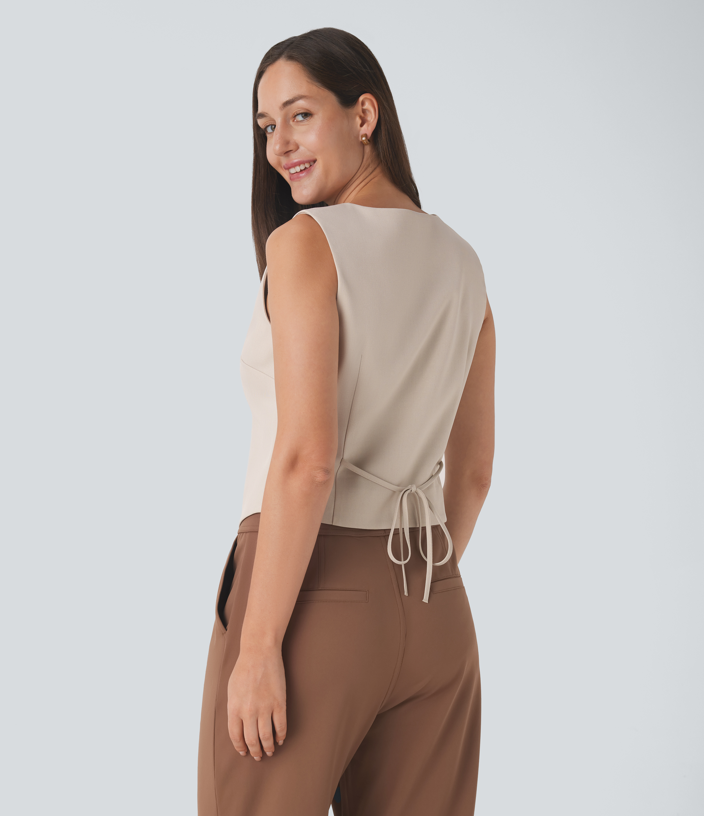 Halara V Neck Button Lace Up Work Vest Tank Top - Silver Birch - XS golf tops halter top tunic tops sleeveless tops backless top 