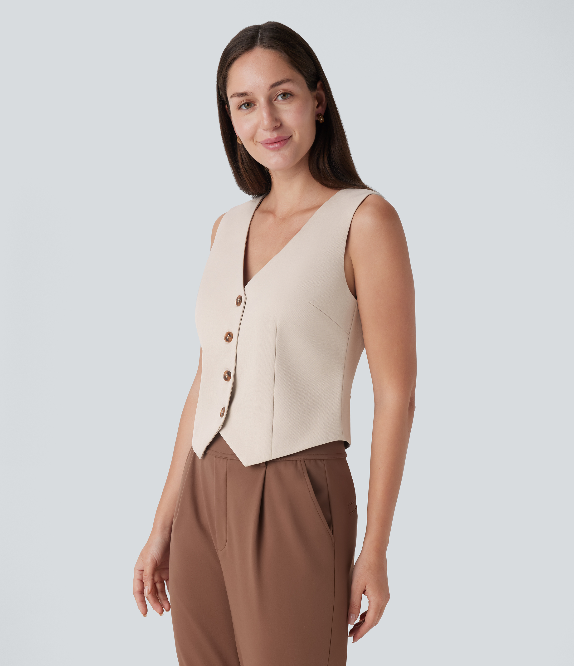 Halara V Neck Button Lace Up Work Vest Tank Top - Silver Birch - XS golf tops halter top tunic tops sleeveless tops backless top 
