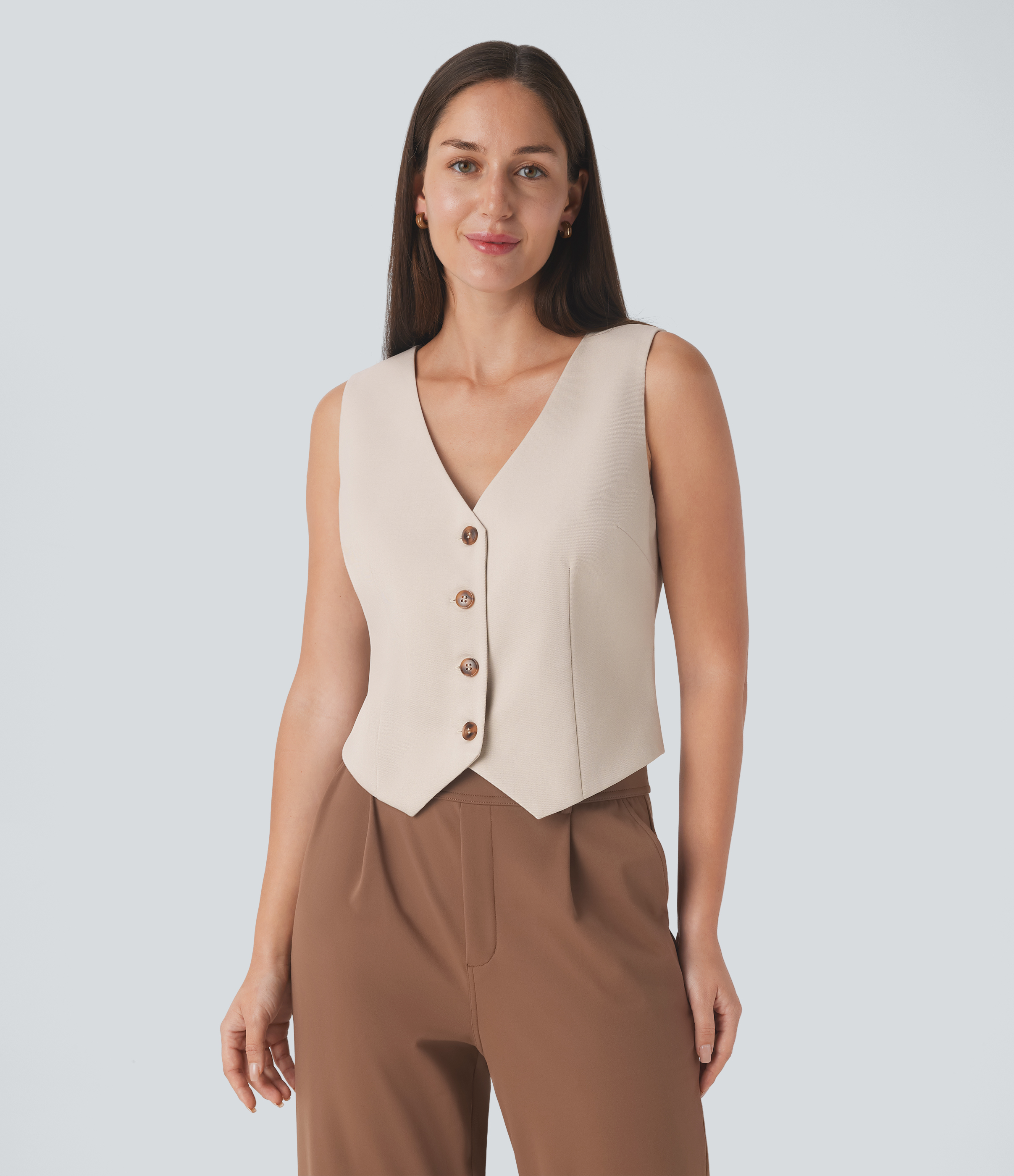 Halara V Neck Button Lace Up Work Vest Tank Top - Silver Birch - XS golf tops halter top tunic tops sleeveless tops backless top 