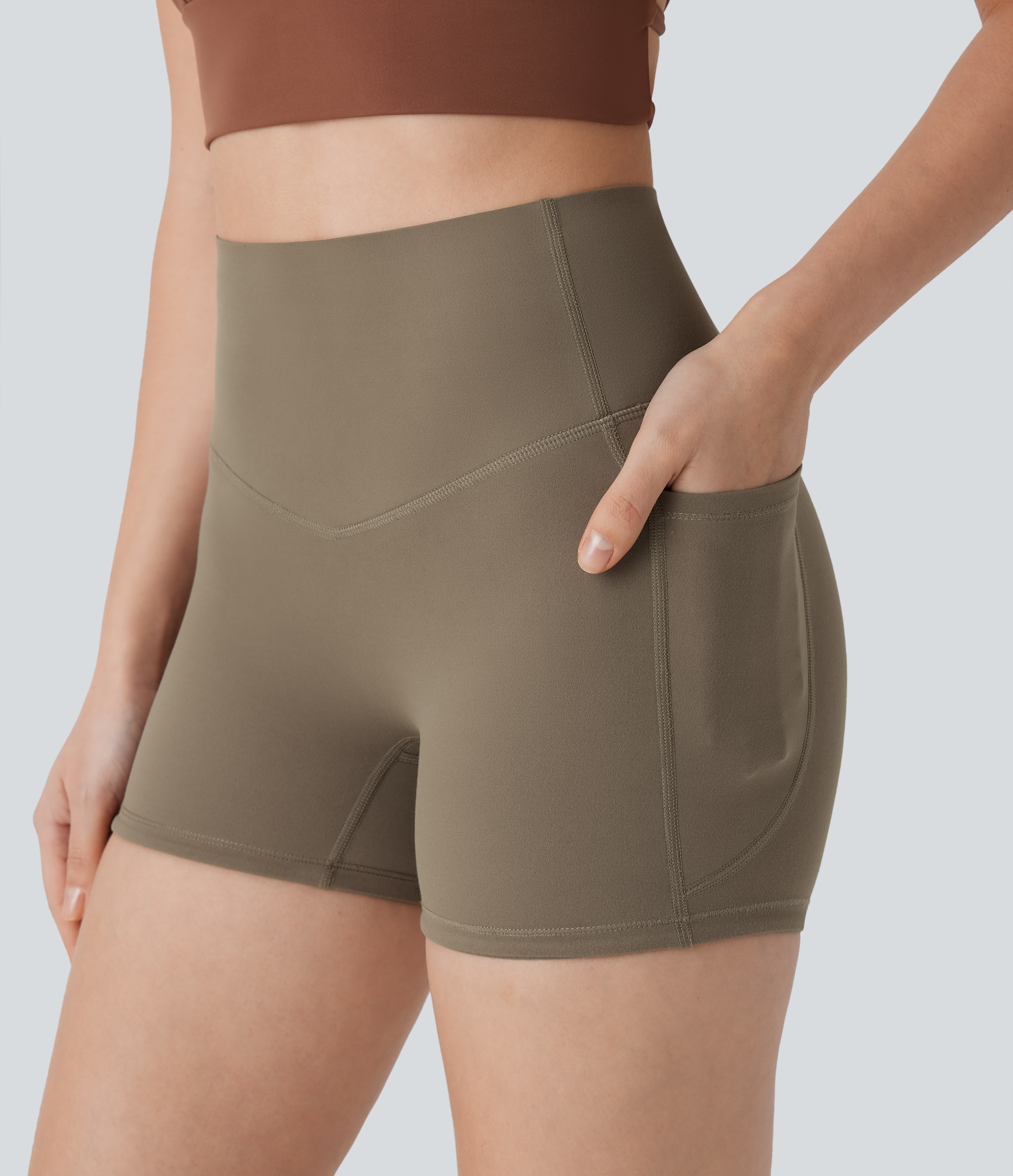 Halara Halara UltraSculptв„ў SoCinched High Waisted Tummy Control Side Pocket Shaping Training Biker Shorts 3``  - Dawn Brown - XL 