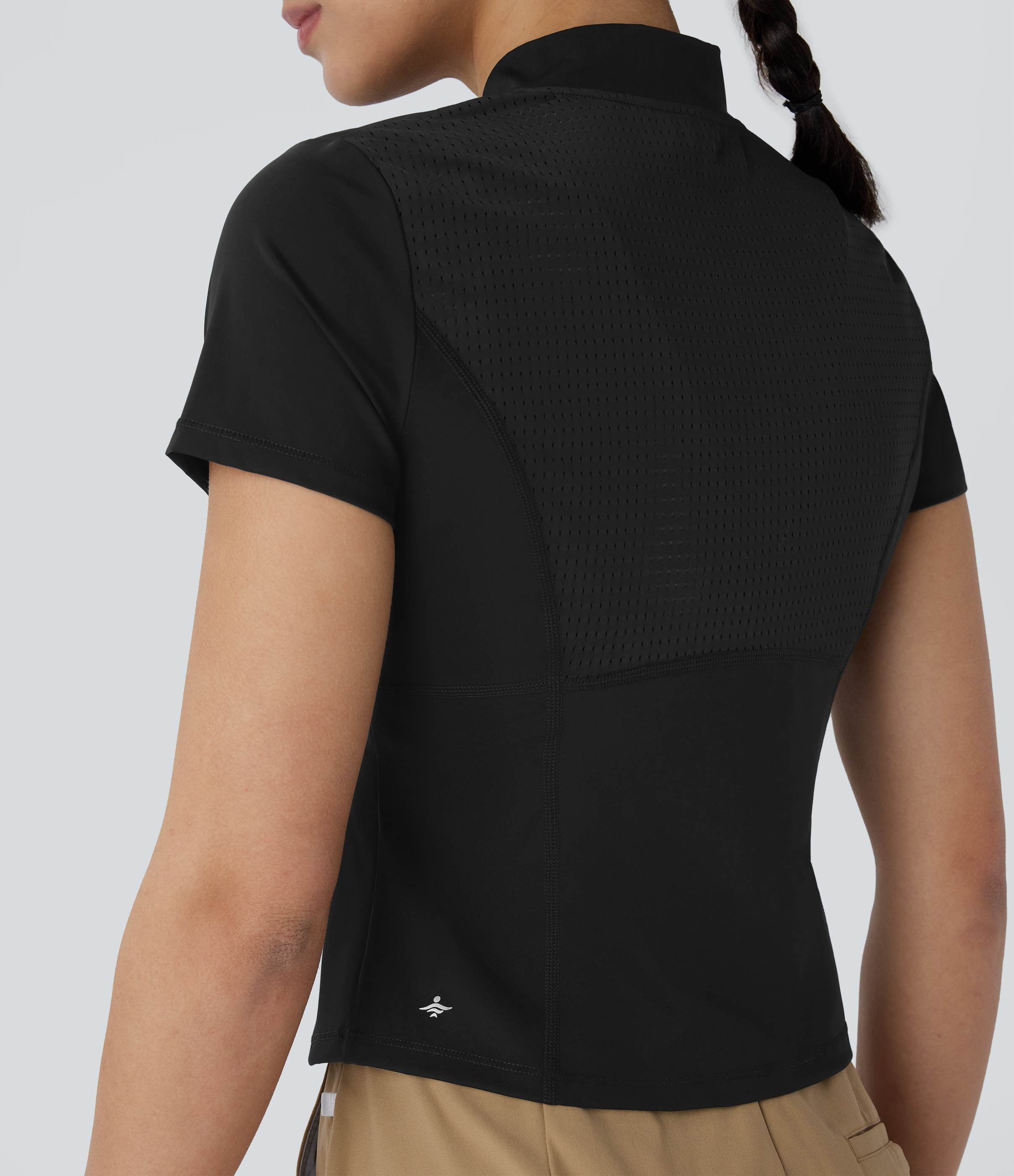 Halara Stand Collar Half Zip Short Sleeve Cut Out Quick Dry Golf Sports Top  - Black - L 