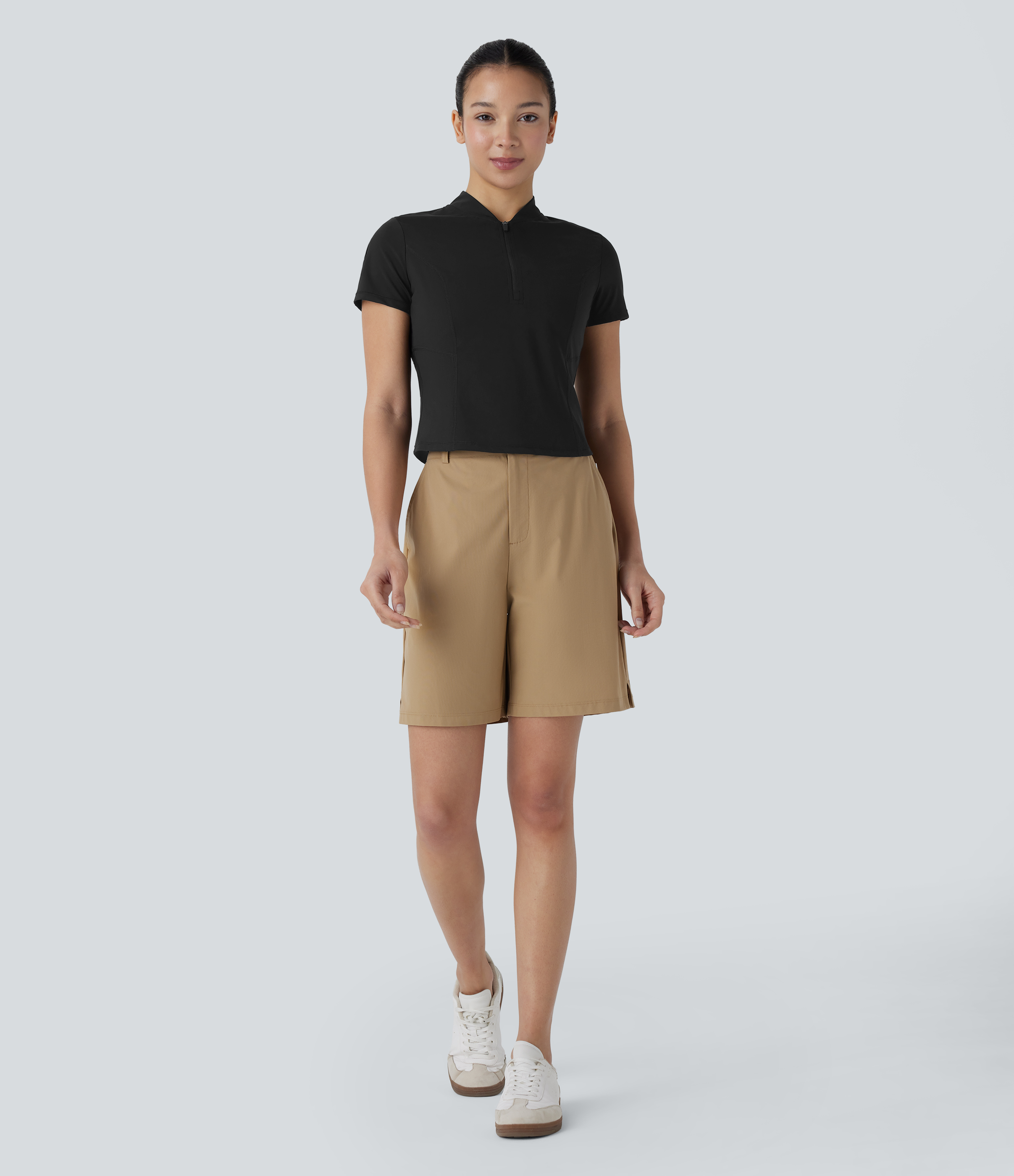 Halara Stand Collar Half Zip Short Sleeve Cut Out Quick Dry Golf Sports Top  - Black - L 