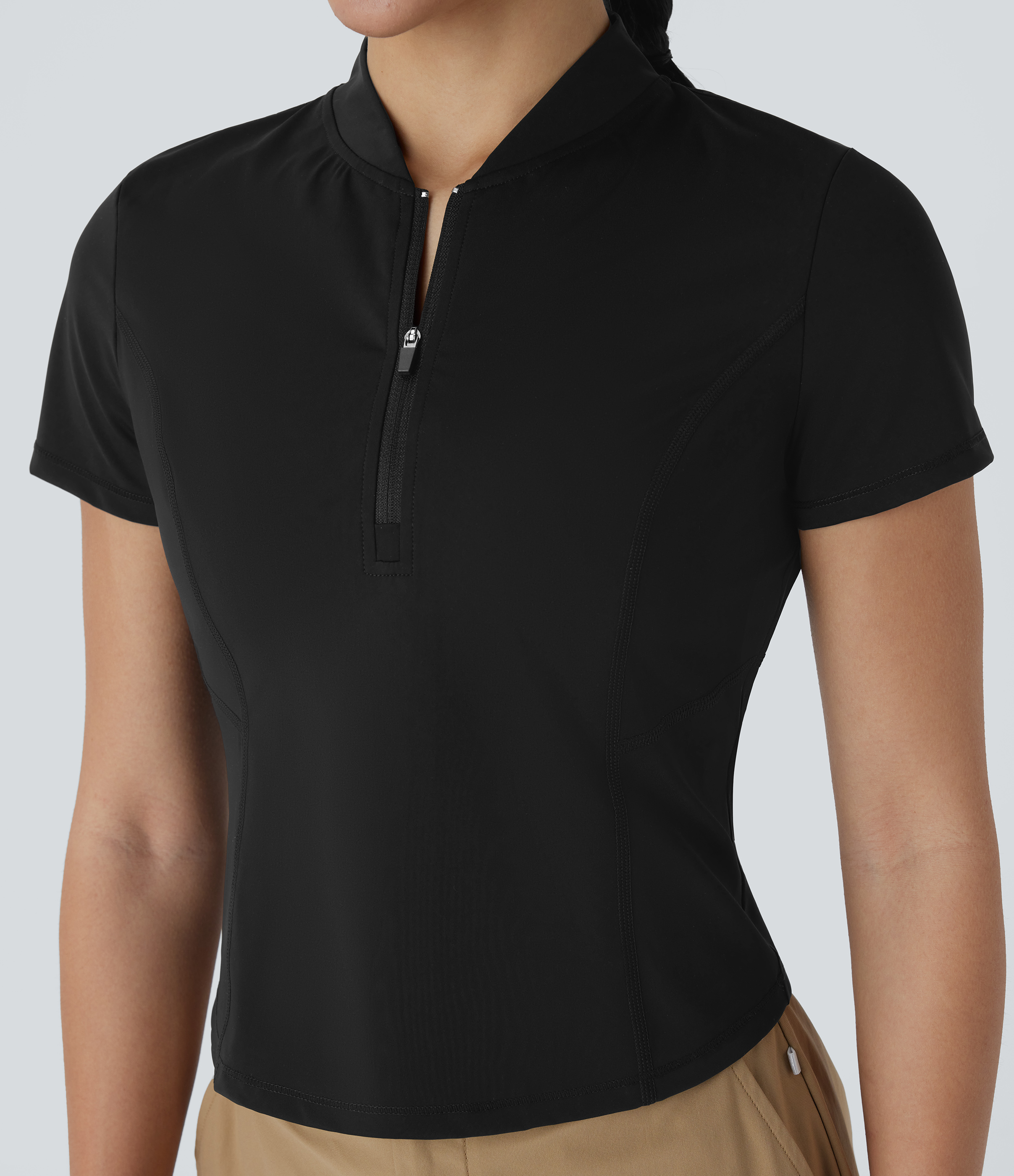 Halara Stand Collar Half Zip Short Sleeve Cut Out Quick Dry Golf Sports Top  - Black - L 