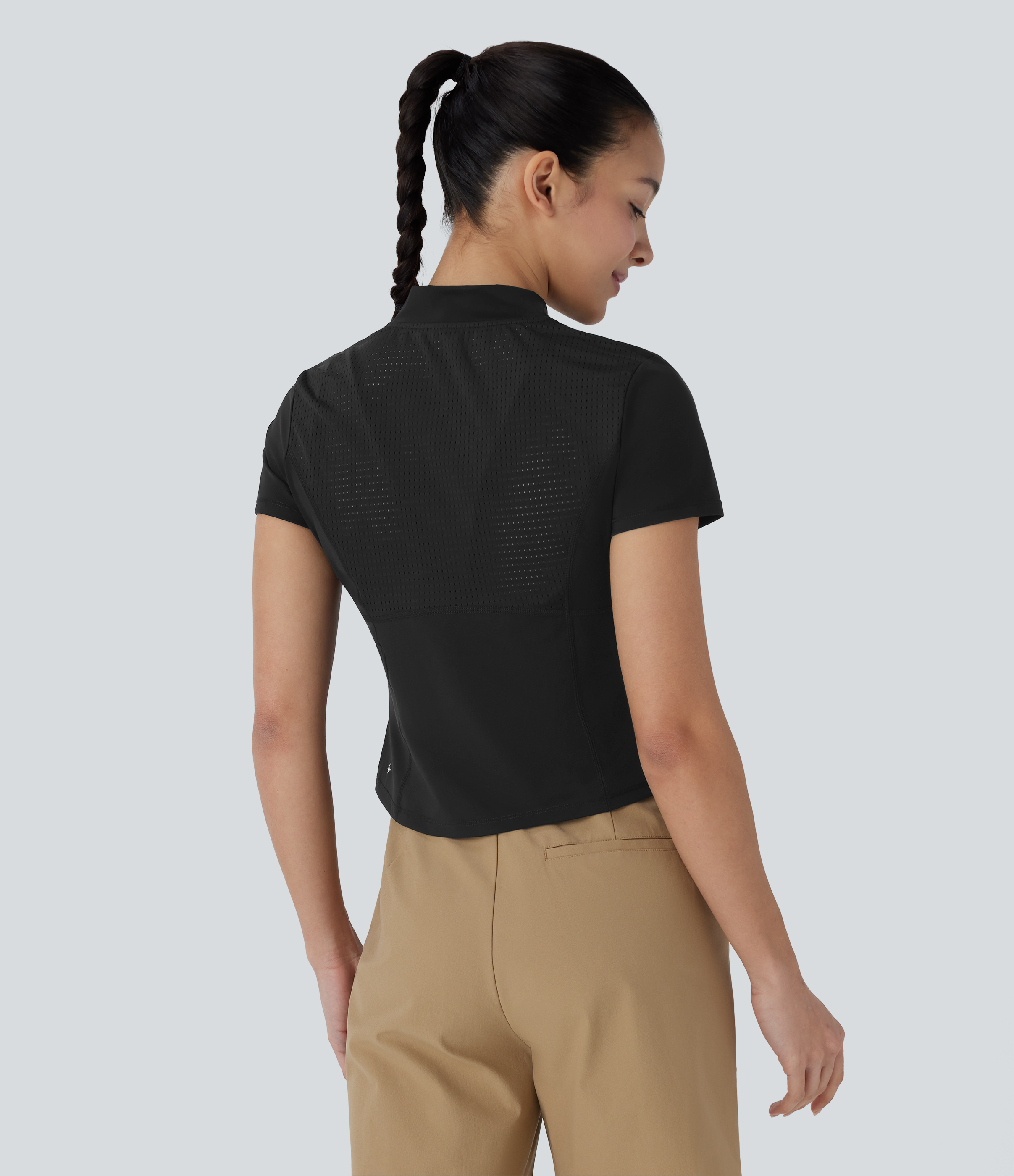 Halara Stand Collar Half Zip Short Sleeve Cut Out Quick Dry Golf Sports Top  - Black - L 