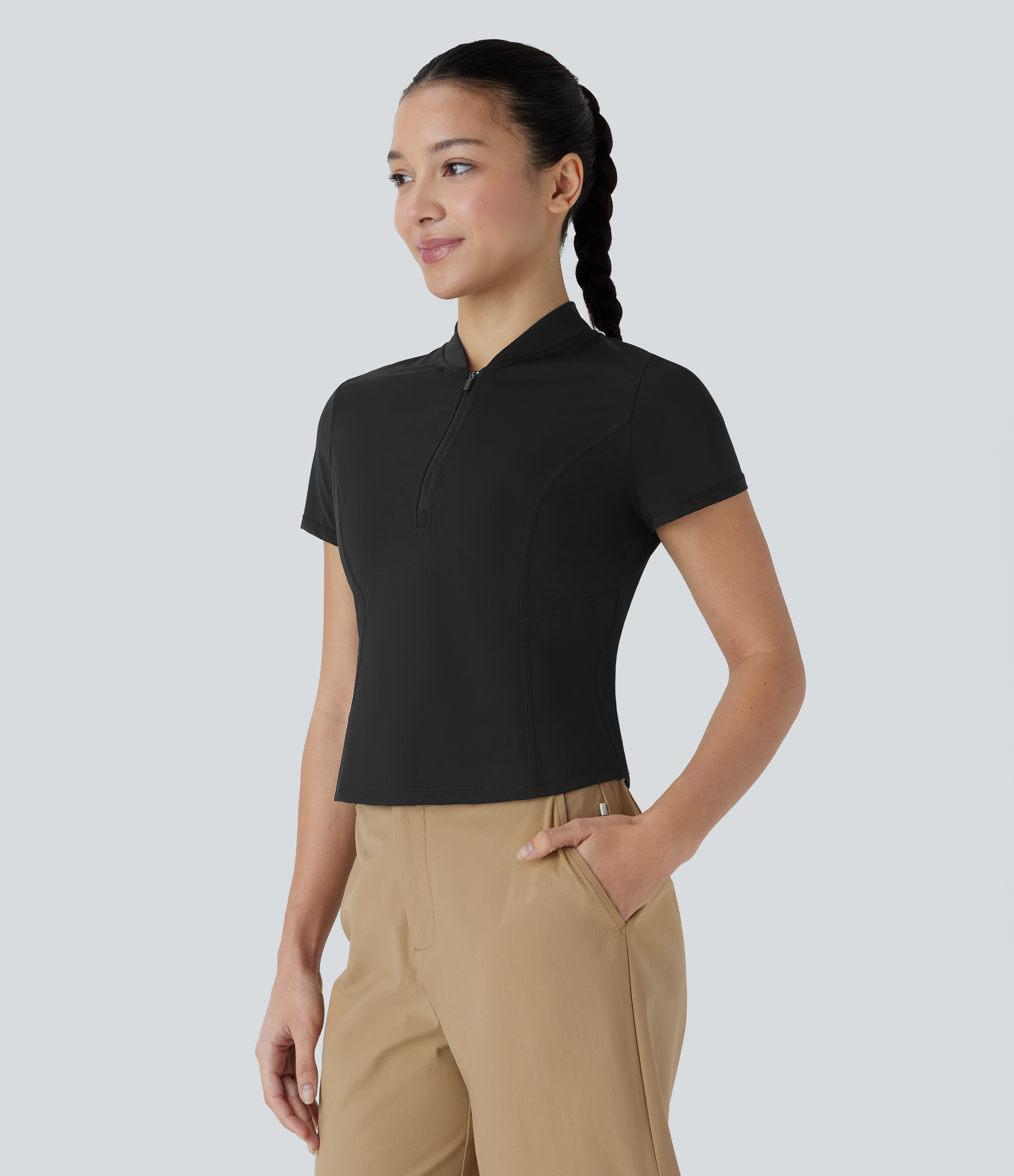 Halara Stand Collar Half Zip Short Sleeve Cut Out Quick Dry Golf Sports Top  - Black - L 