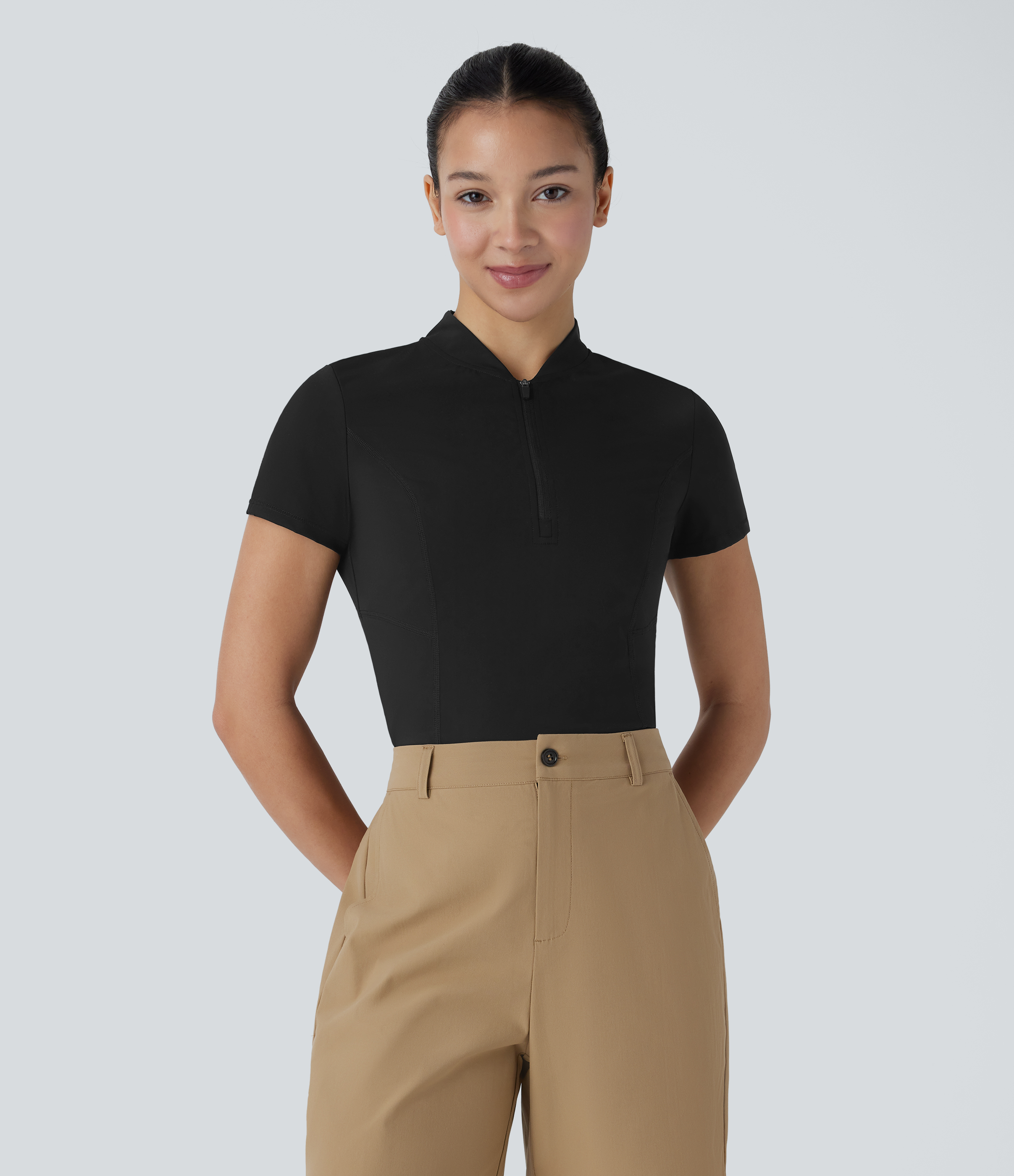 Halara Stand Collar Half Zip Short Sleeve Cut Out Quick Dry Golf Sports Top  - Black - L 