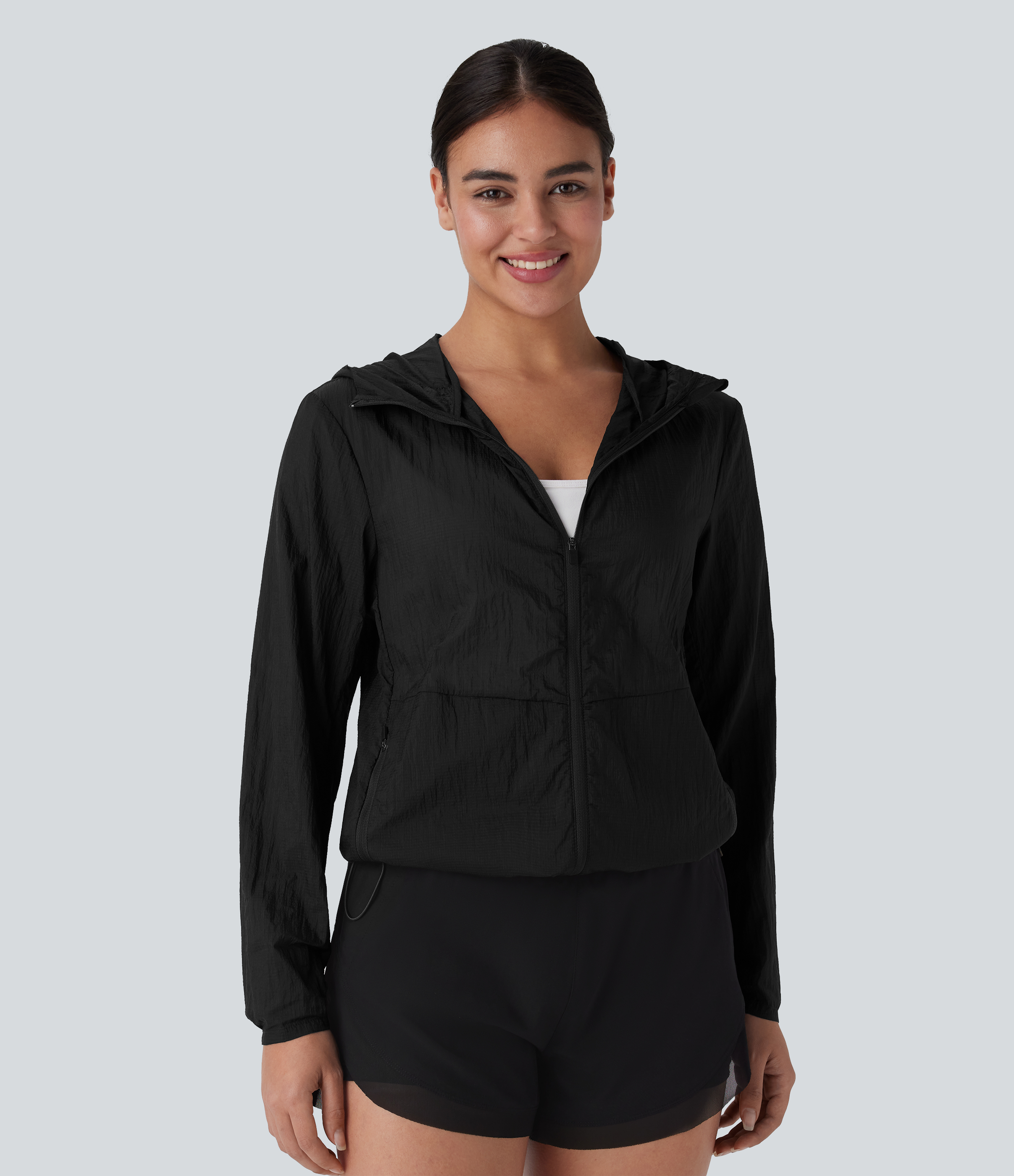 Water Repellent Hooded Long Sleeve Zipper Pocket Hiking Jacket