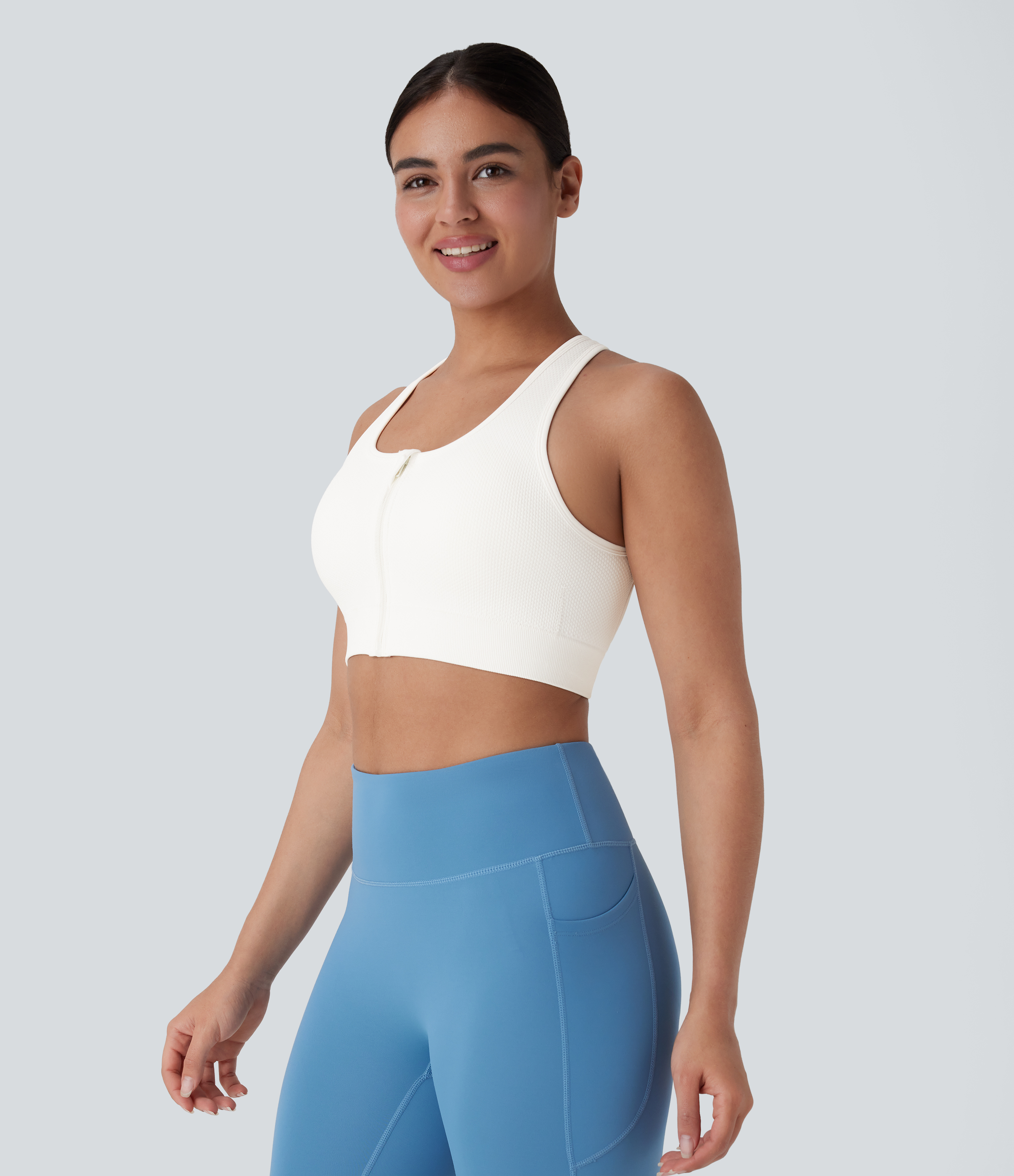 Halara Seamless Flow Low Support Zipper Backless Yoga Sports Bra  - White - L push up bra strapless bra backless bra sticky bra wireless bra 