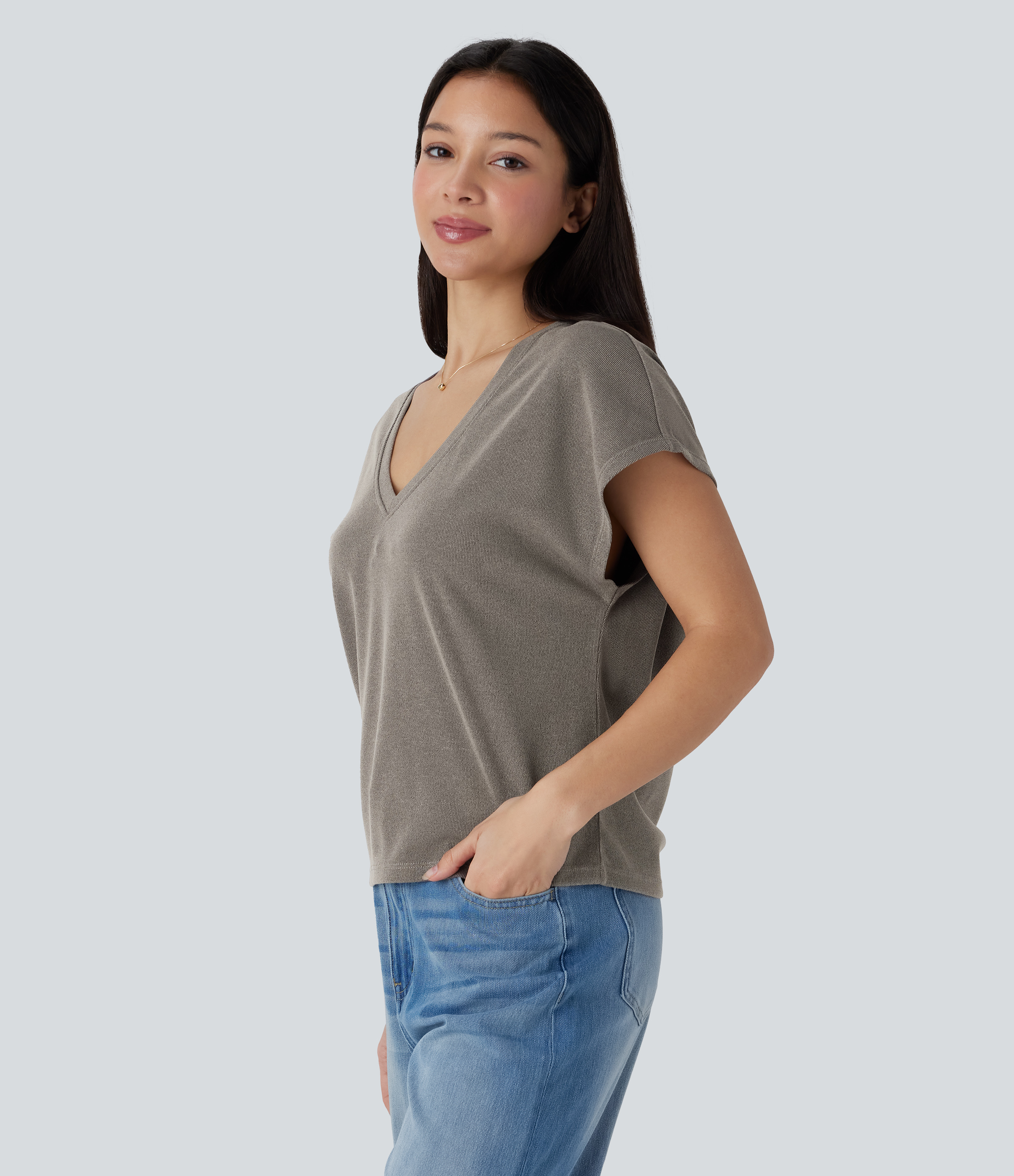 Halara V Neck Short Sleeve Casual Top Tank Top - Hematite - XL golf tops halter top tunic tops sleeveless tops backless top 