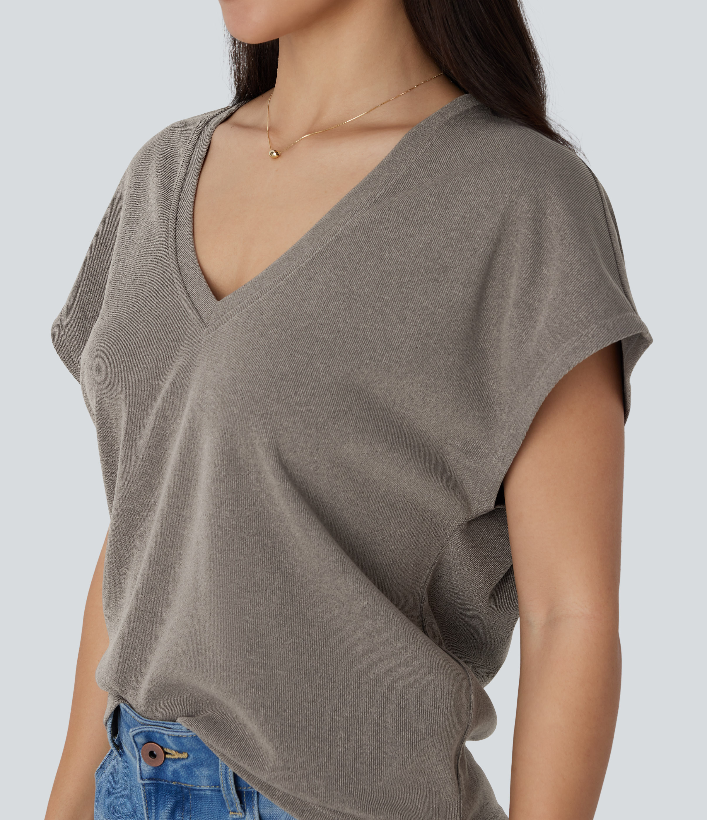 Halara V Neck Short Sleeve Casual Top Tank Top - Hematite - XL golf tops halter top tunic tops sleeveless tops backless top 