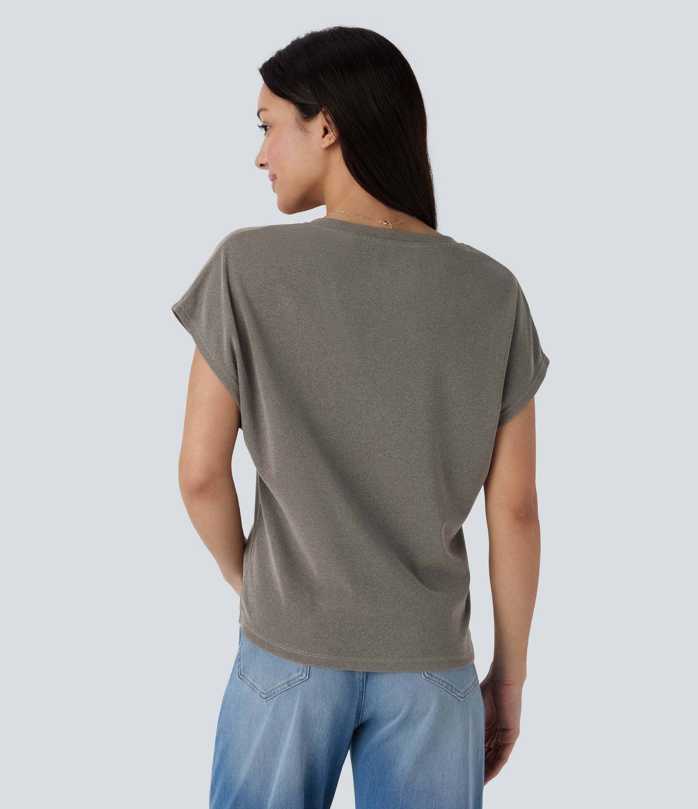 Halara V Neck Short Sleeve Casual Top Tank Top - Hematite - XL golf tops halter top tunic tops sleeveless tops backless top 