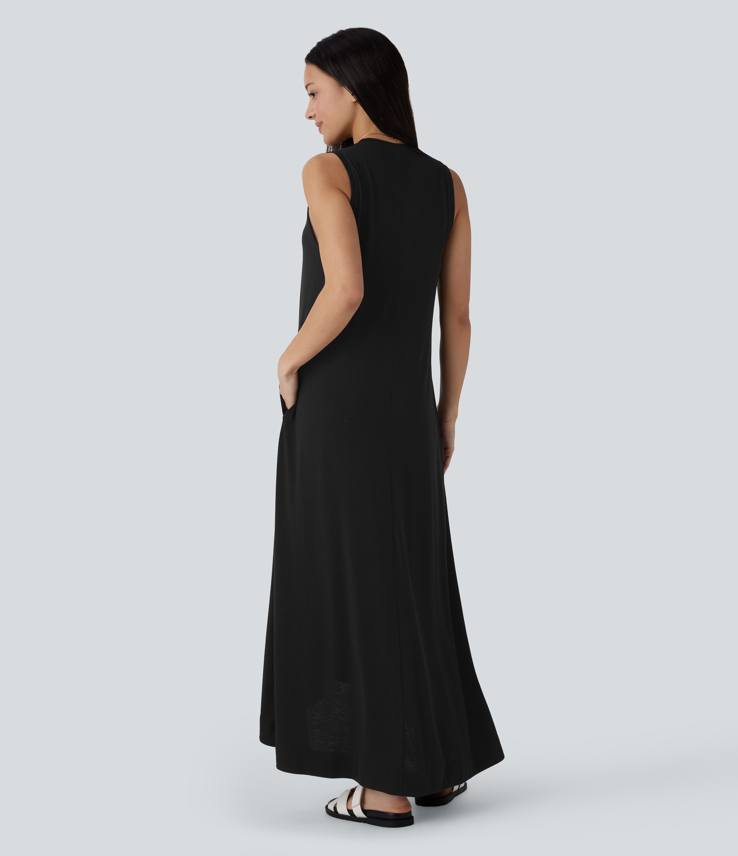 Negro Vestido maxi informal de cuello redondo, sin mangas, con bolsillos, de corte alto-bajo y caída fluida / 2