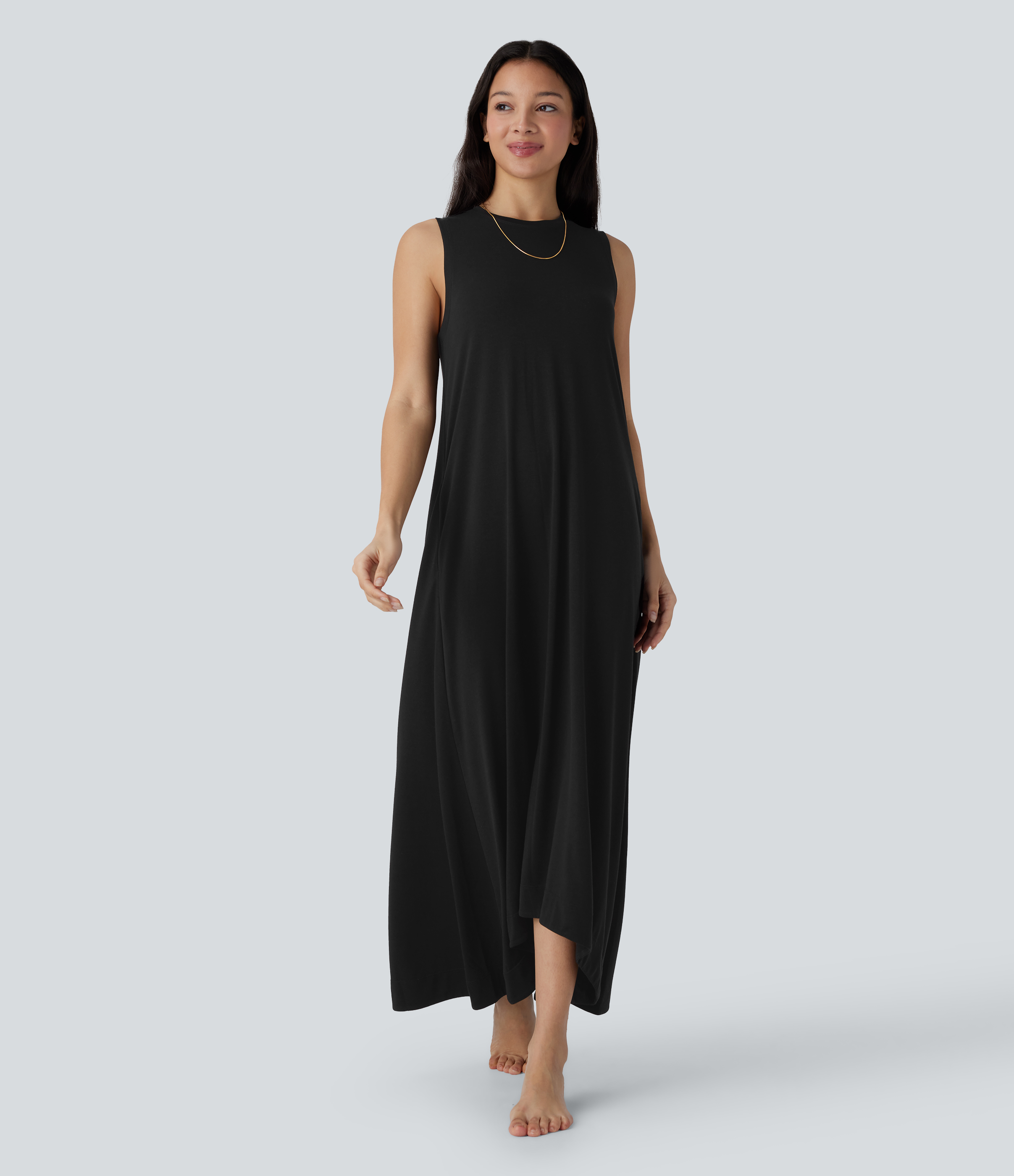 Rundhals-Ärmelloses Taschen-Hoch-Tief Fließendes Maxi Casual Kleid