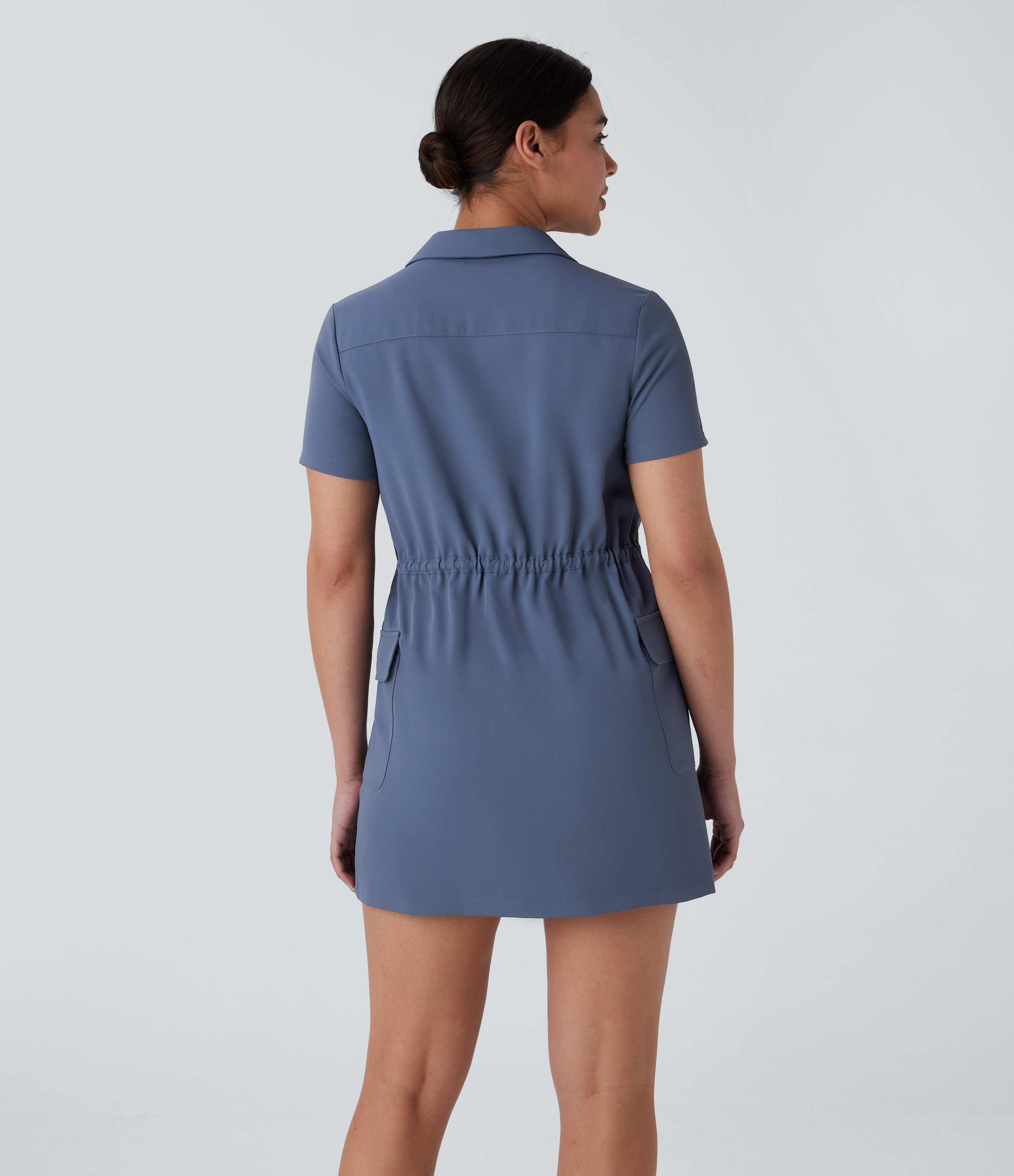 Halara Collared Drawstring Flap Pocket 2-Way Zipper Mini Hiking Cargo Dress Workout Dress - Deep Sea Gray Blue - XL 