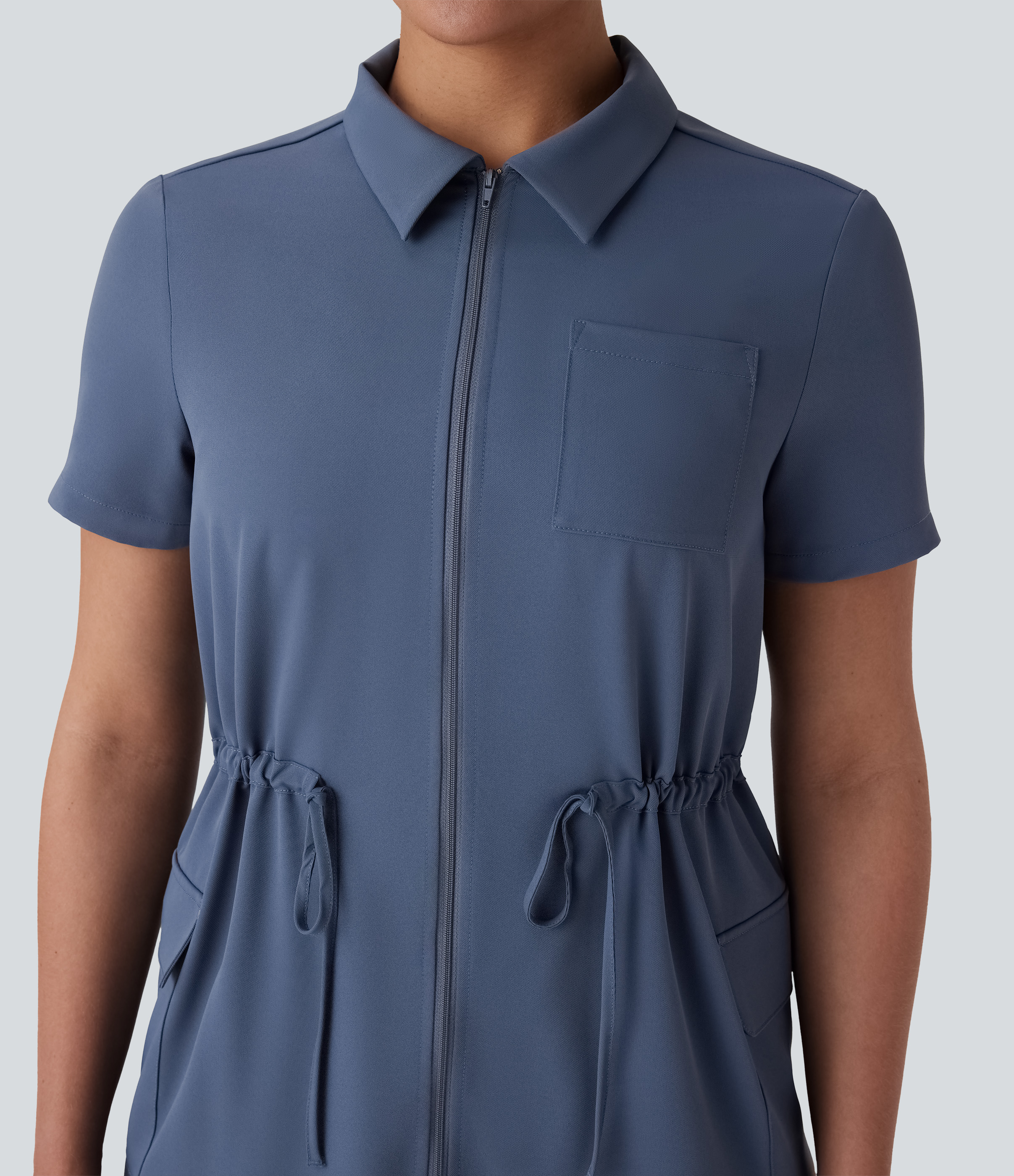Halara Collared Drawstring Flap Pocket 2-Way Zipper Mini Hiking Cargo Dress Workout Dress - Deep Sea Gray Blue - XL 
