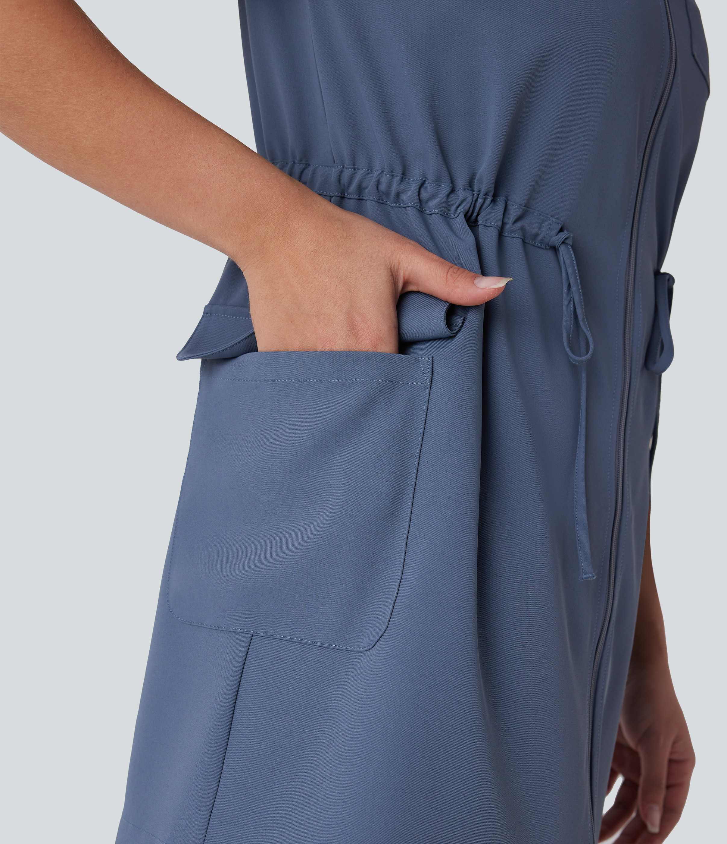 Halara Collared Drawstring Flap Pocket 2-Way Zipper Mini Hiking Cargo Dress Workout Dress - Deep Sea Gray Blue - XL 