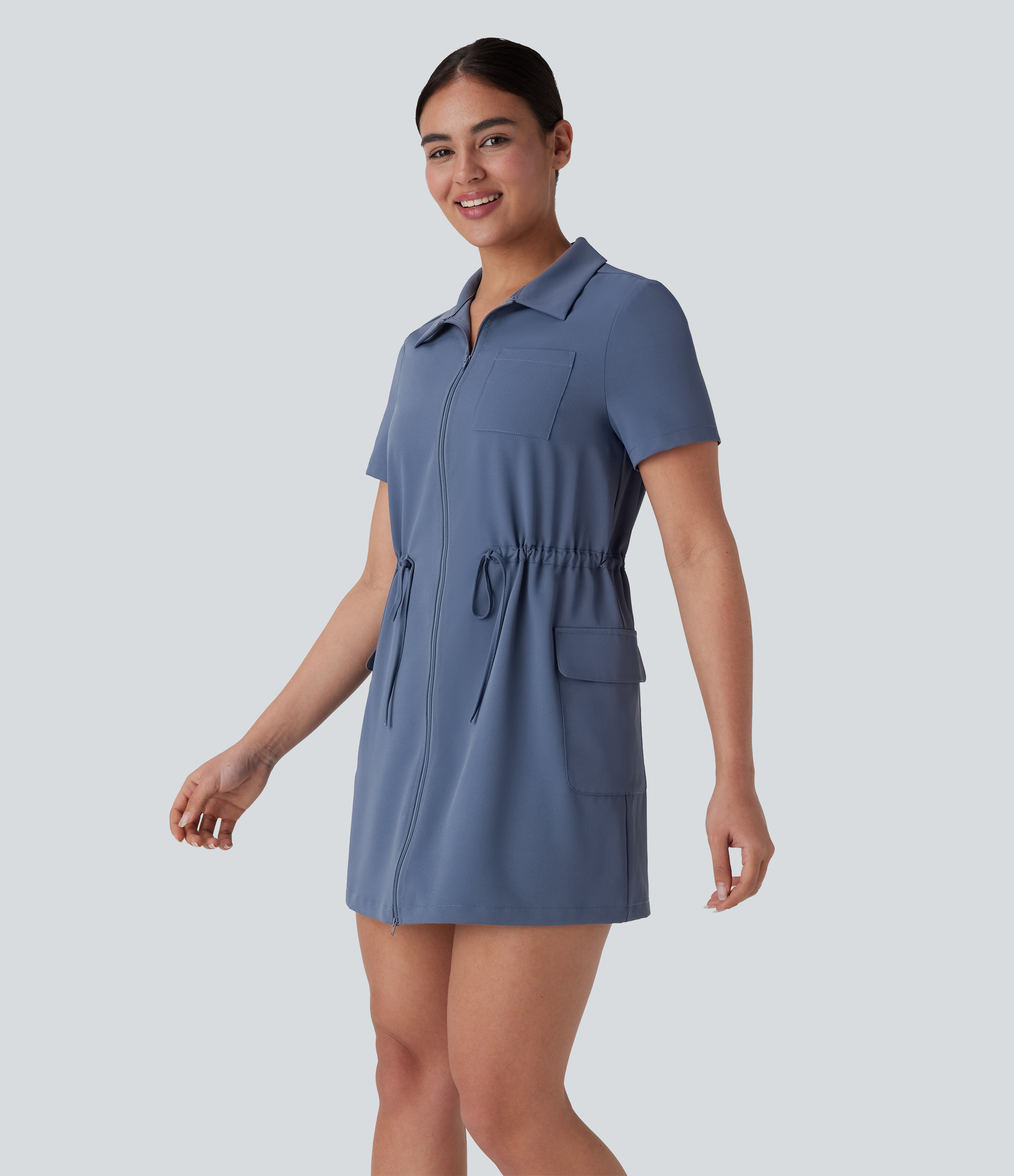 Halara Collared Drawstring Flap Pocket 2-Way Zipper Mini Hiking Cargo Dress Workout Dress - Deep Sea Gray Blue - XL 
