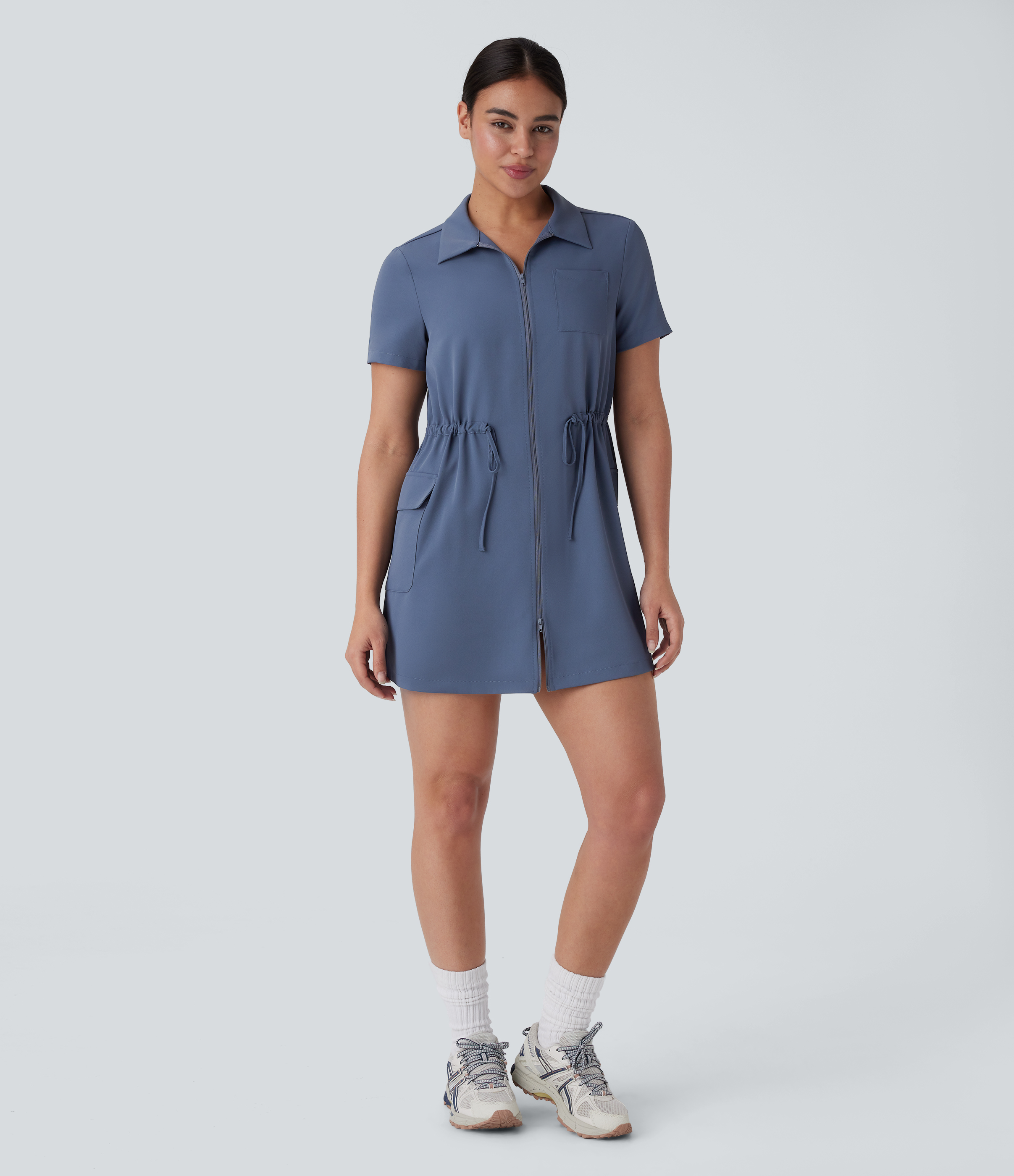 Halara Collared Drawstring Flap Pocket 2-Way Zipper Mini Hiking Cargo Dress Workout Dress - Deep Sea Gray Blue - XL 