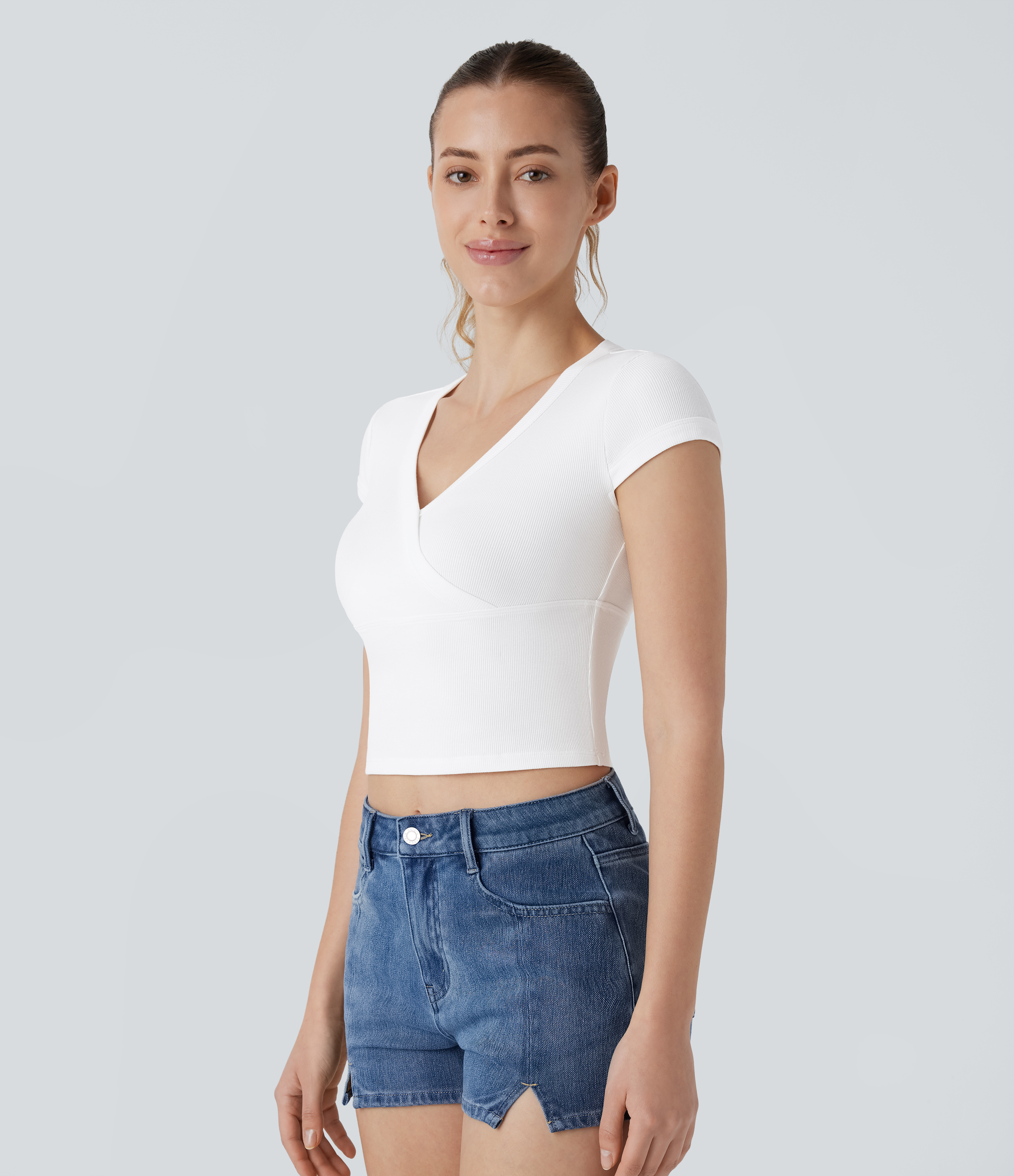 Halara Ribbed V Neck Crossover Short Sleeve Cropped Casual Top Tank Top - White - M golf tops halter top tunic tops sleeveless tops 