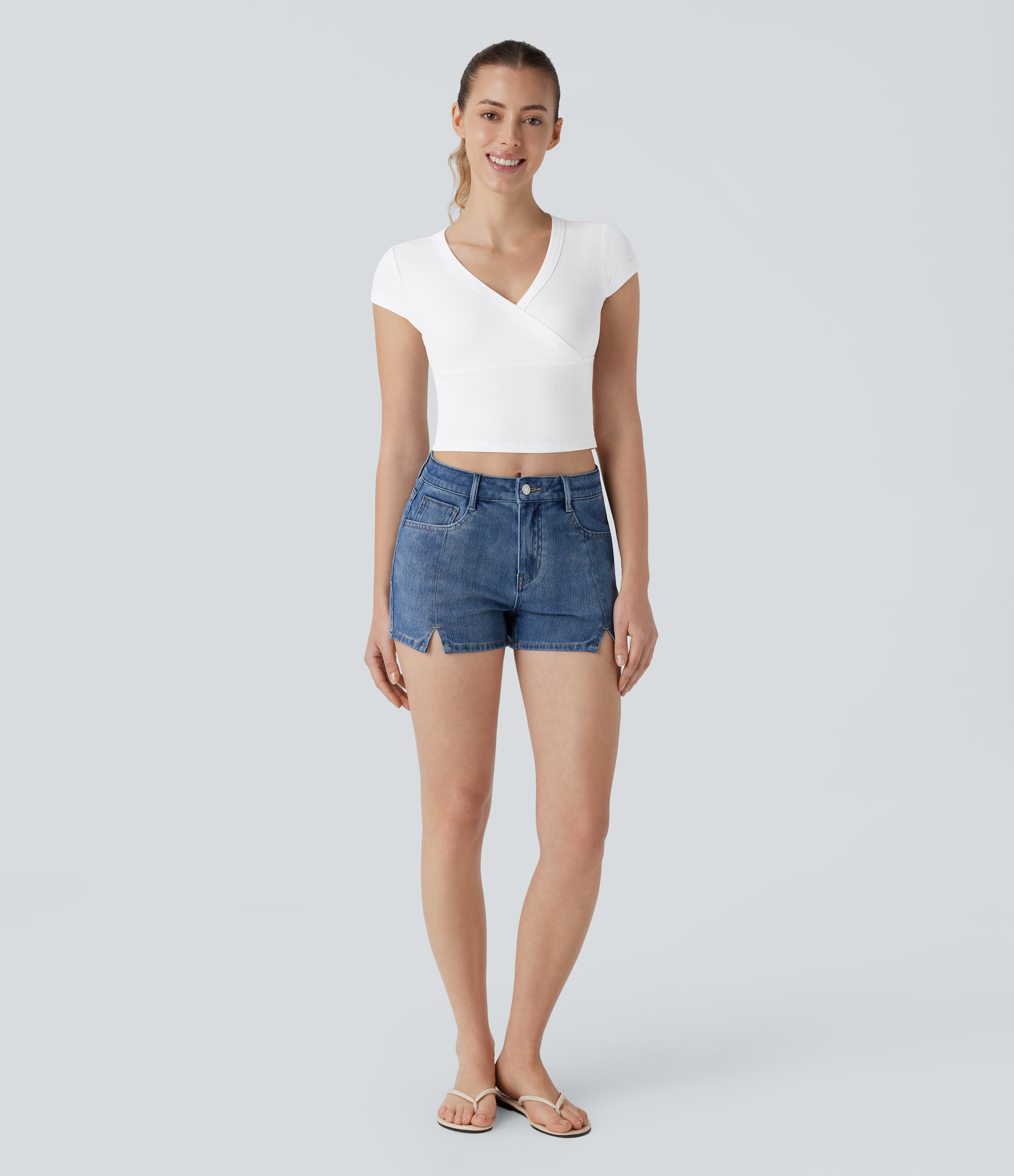 Halara Ribbed V Neck Crossover Short Sleeve Cropped Casual Top Tank Top - White - M golf tops halter top tunic tops sleeveless tops 