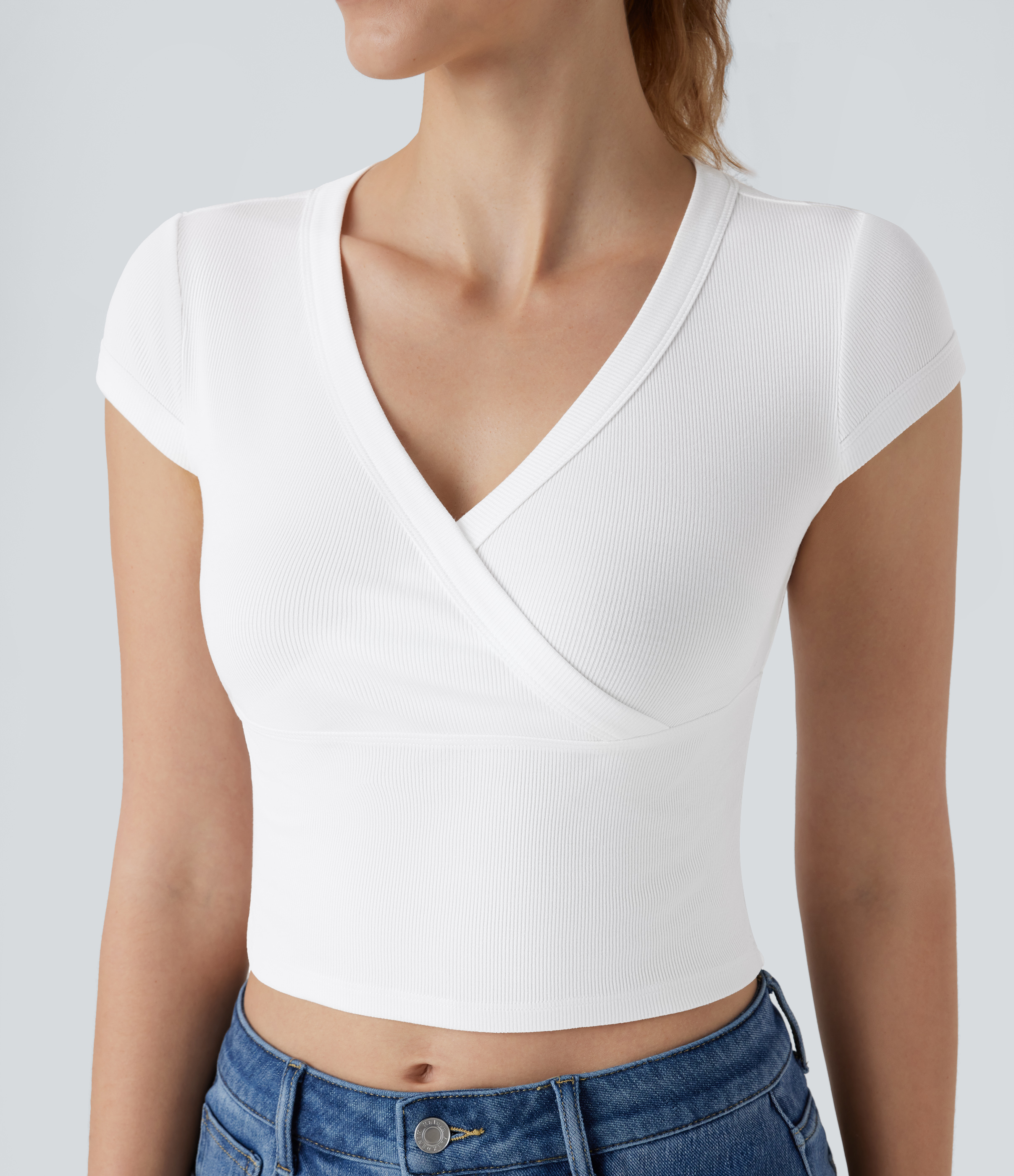 Halara Ribbed V Neck Crossover Short Sleeve Cropped Casual Top Tank Top - White - M golf tops halter top tunic tops sleeveless tops 