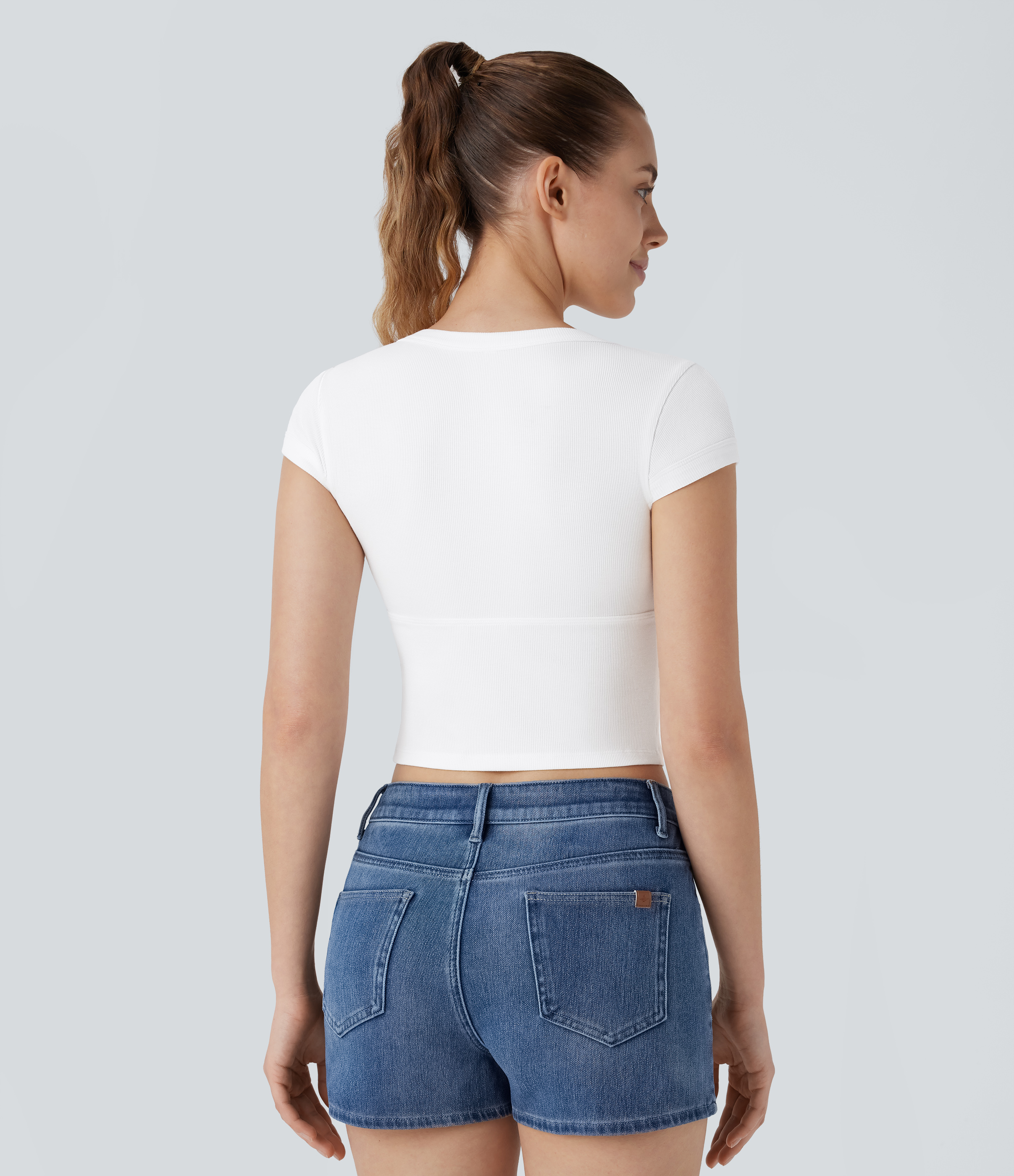 Halara Ribbed V Neck Crossover Short Sleeve Cropped Casual Top Tank Top - White - M golf tops halter top tunic tops sleeveless tops 