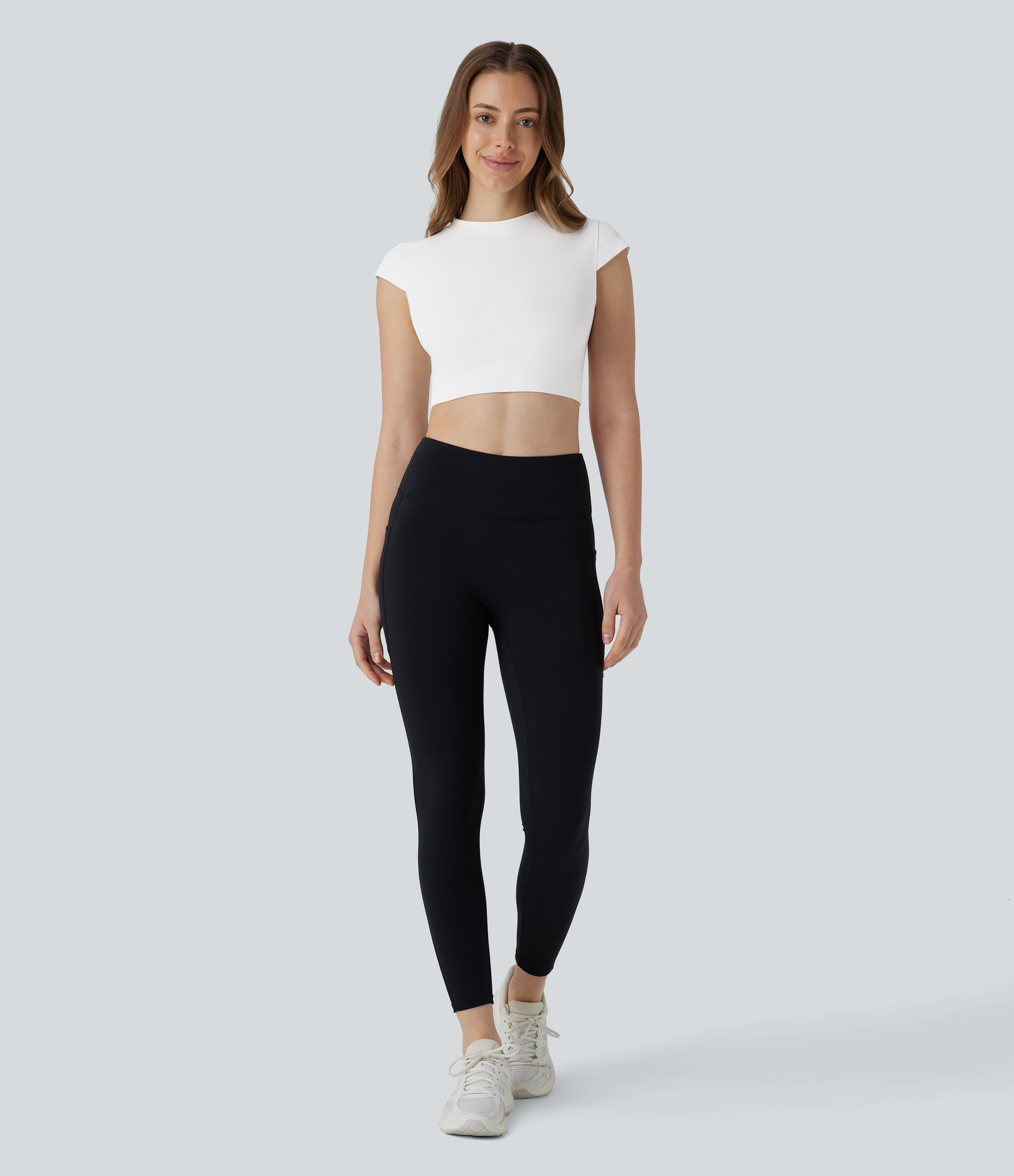 Halara Seamless Flow Round Neck Cap Sleeve Cropped Yoga Sports Top  - White - L 