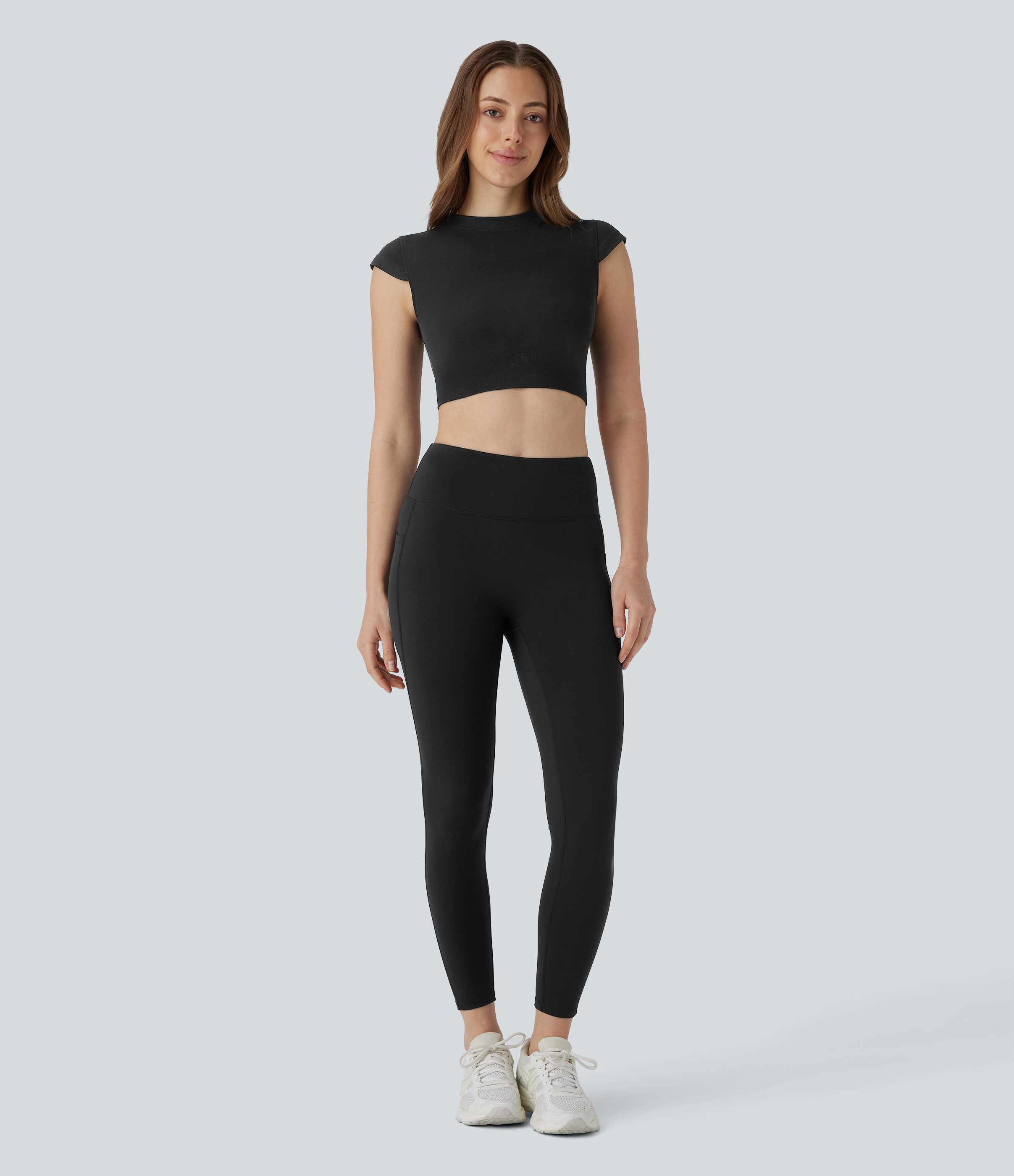 Halara Seamless Flow Round Neck Cap Sleeve Cropped Yoga Sports Top  - Black - L 
