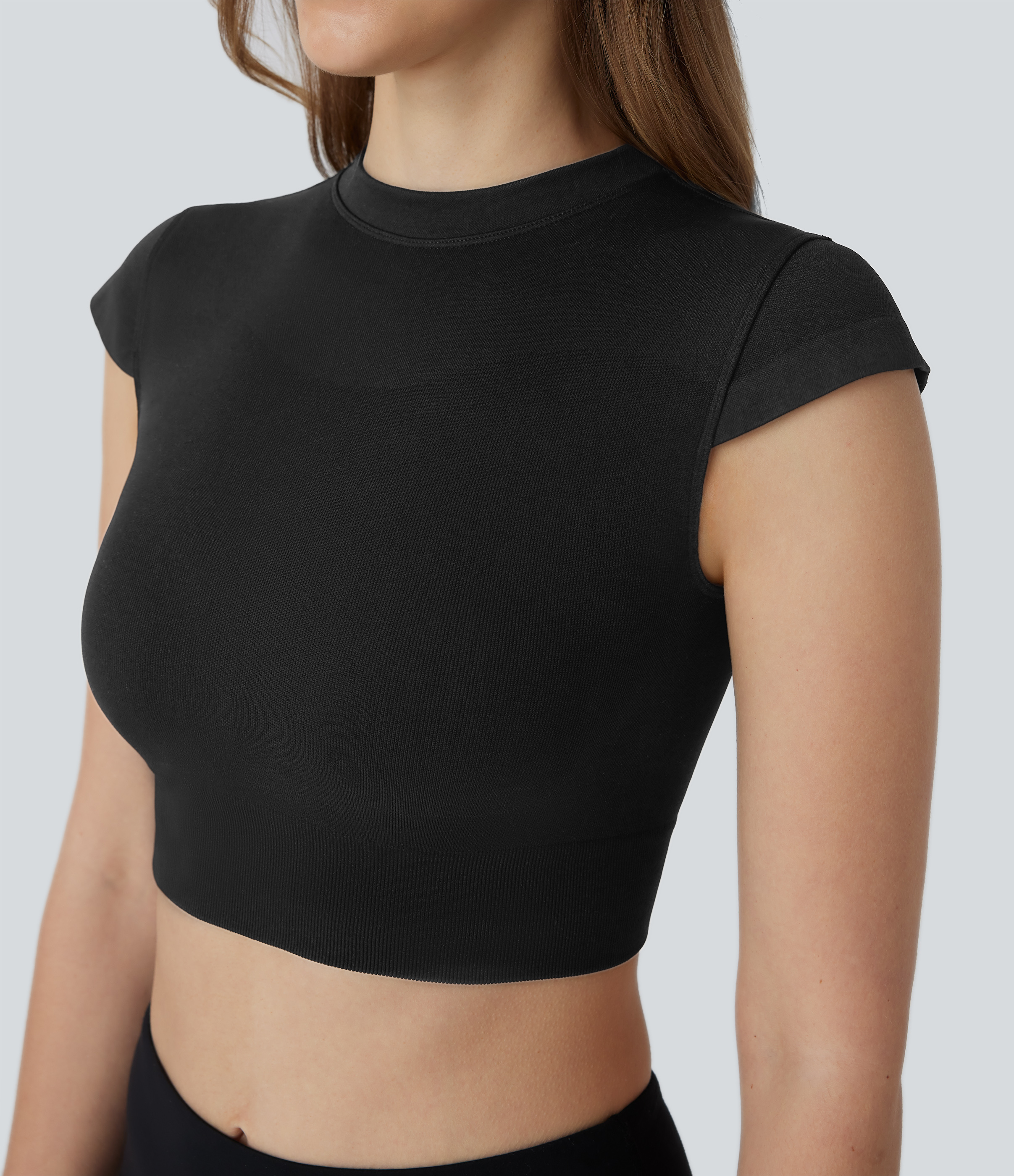 Halara Seamless Flow Round Neck Cap Sleeve Cropped Yoga Sports Top  - Black - L 