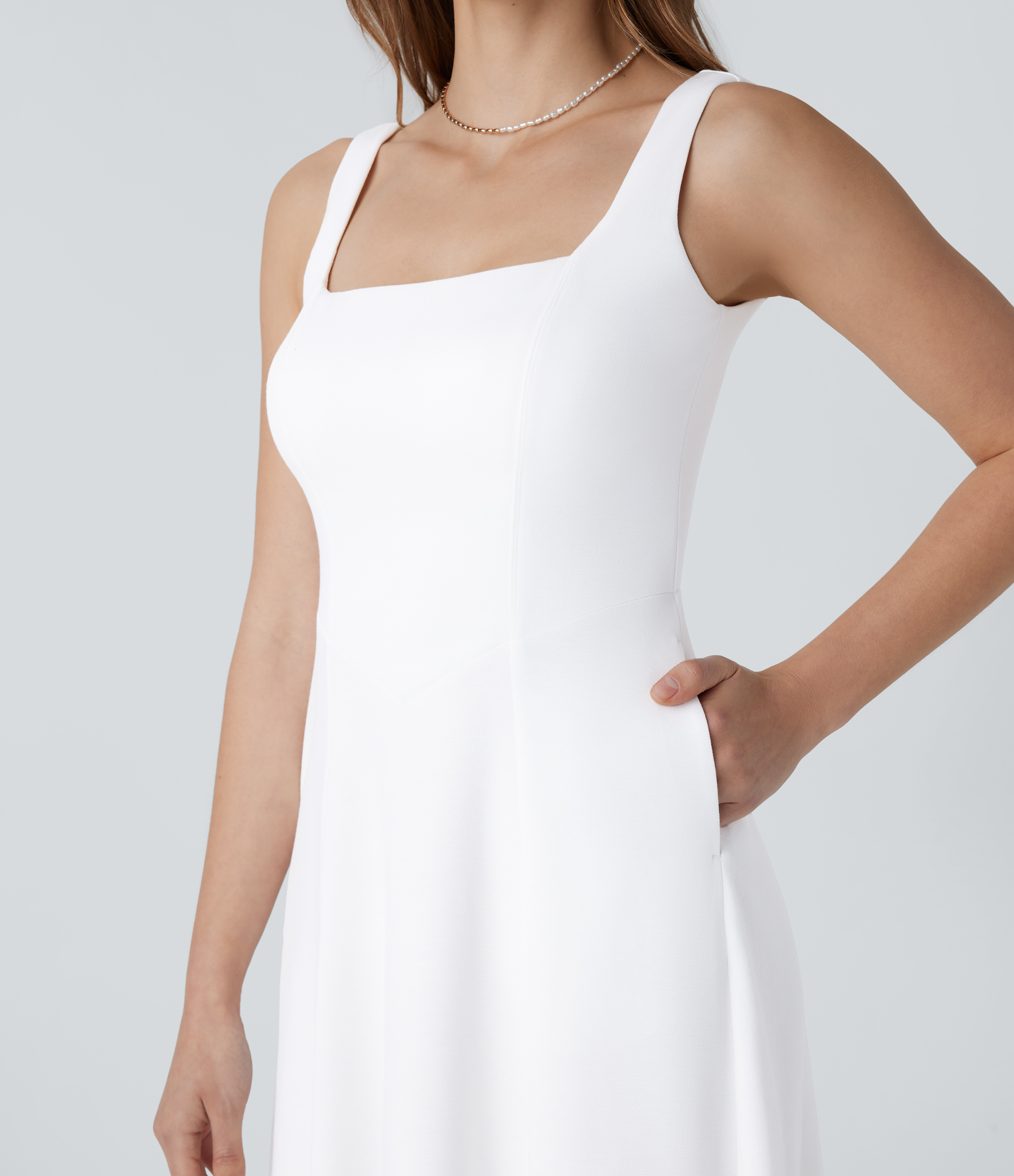 Halara Square Neck Backless Side Pocket Maxi Bridesmaid and Wedding Guest Dress Casual Dress - Frost White - M slip dress beach dress 