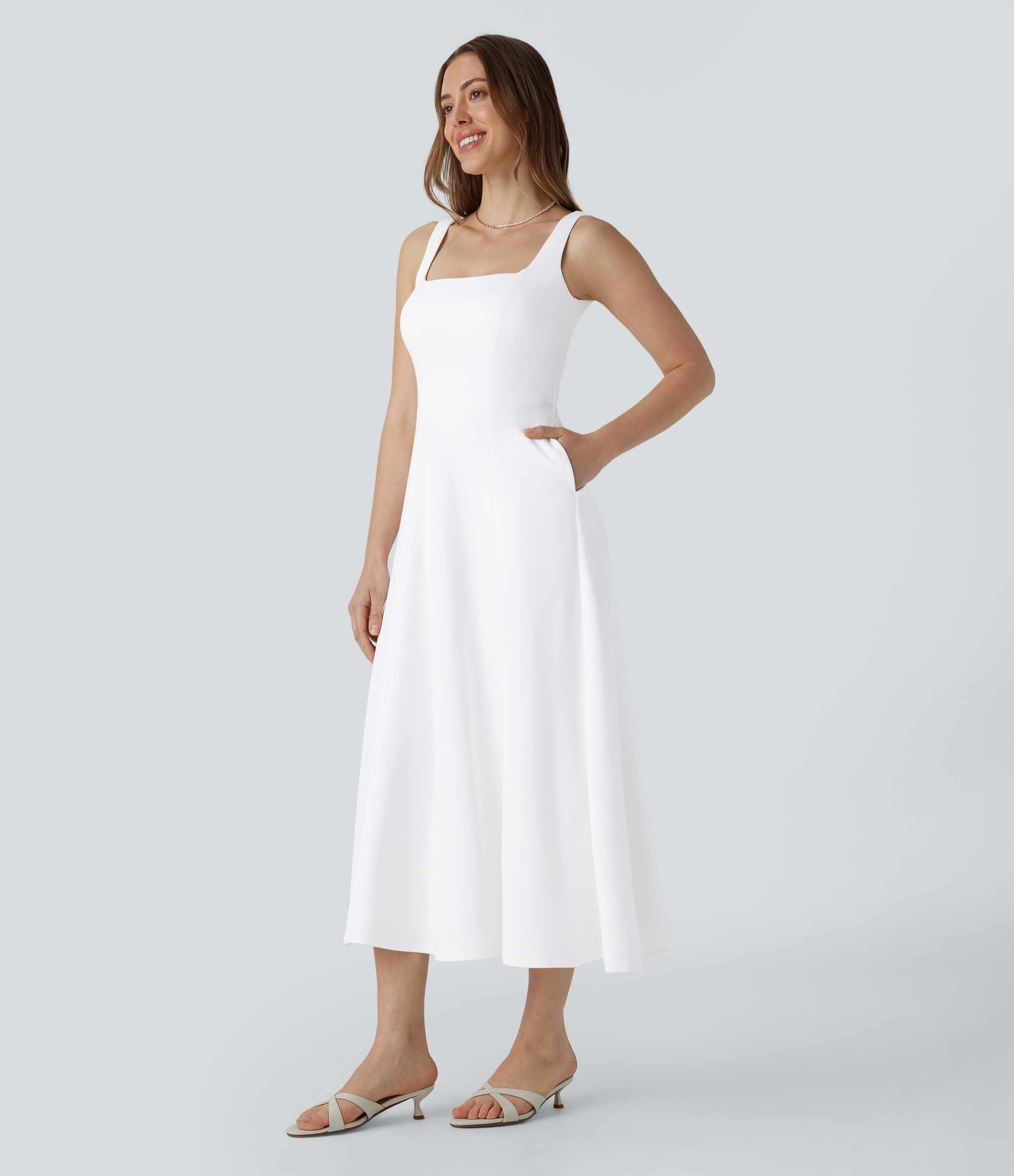 Halara Square Neck Backless Side Pocket Maxi Bridesmaid and Wedding Guest Dress Casual Dress - Frost White - M slip dress beach dress 