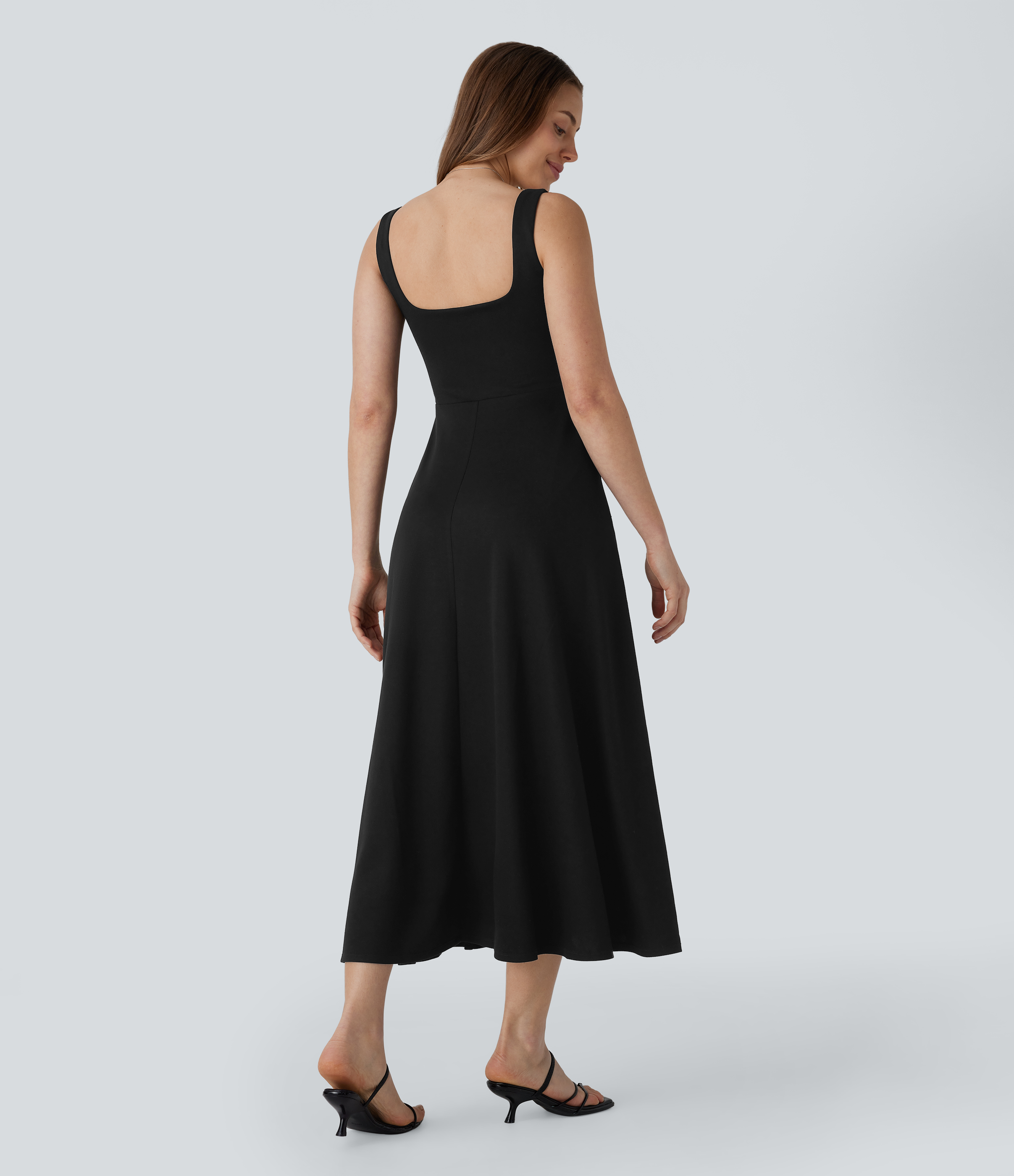 Schwarz Quadratischer Ausschnitt Taschen Maxikleid / 2