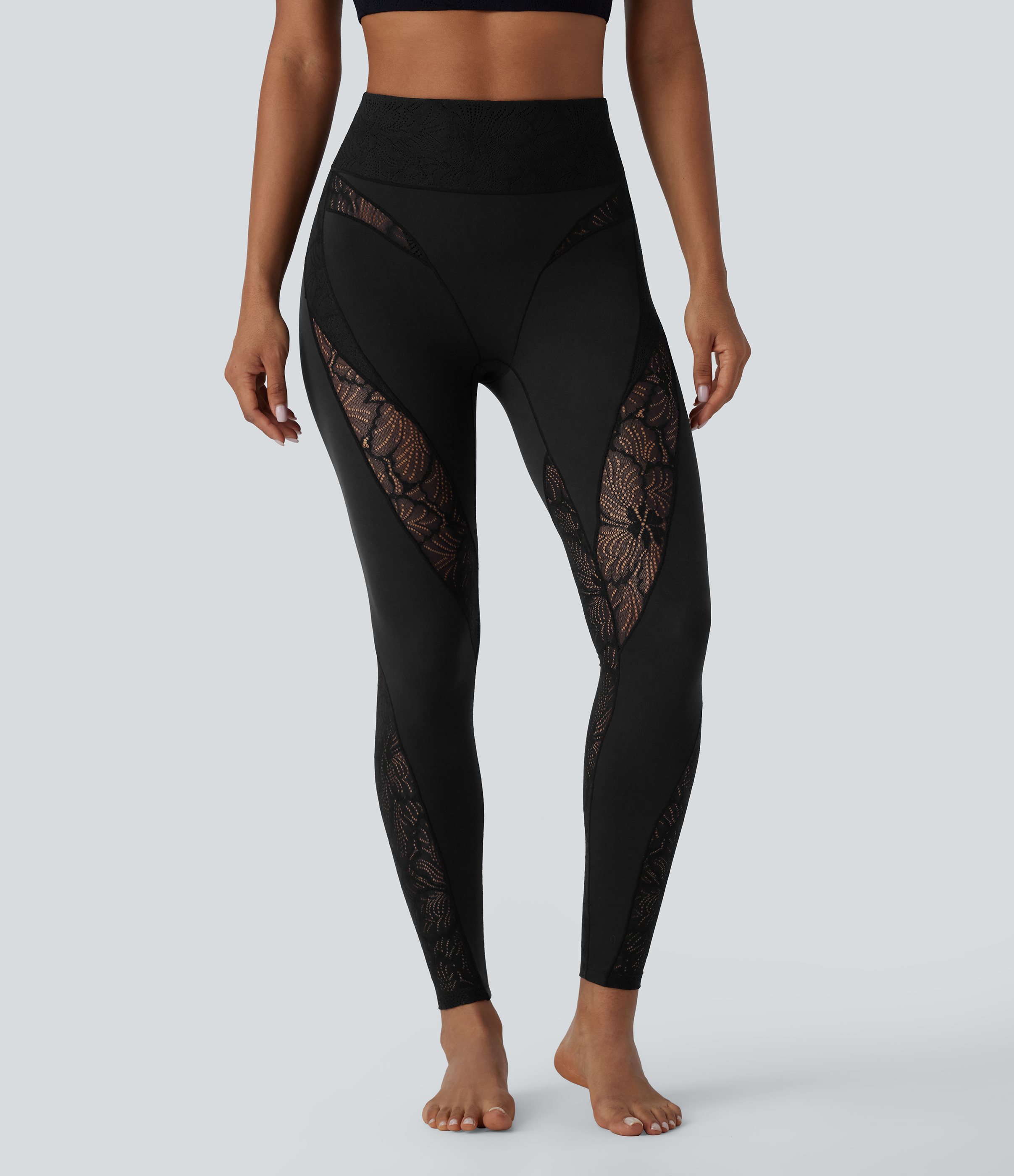 Halara Softlyzeroв„ў High Waisted Back Pocket Contrast Lace 7/8 Yoga Leggings-UPF50+  - Black - XL(7/8) gym leggings leggings with pockets 